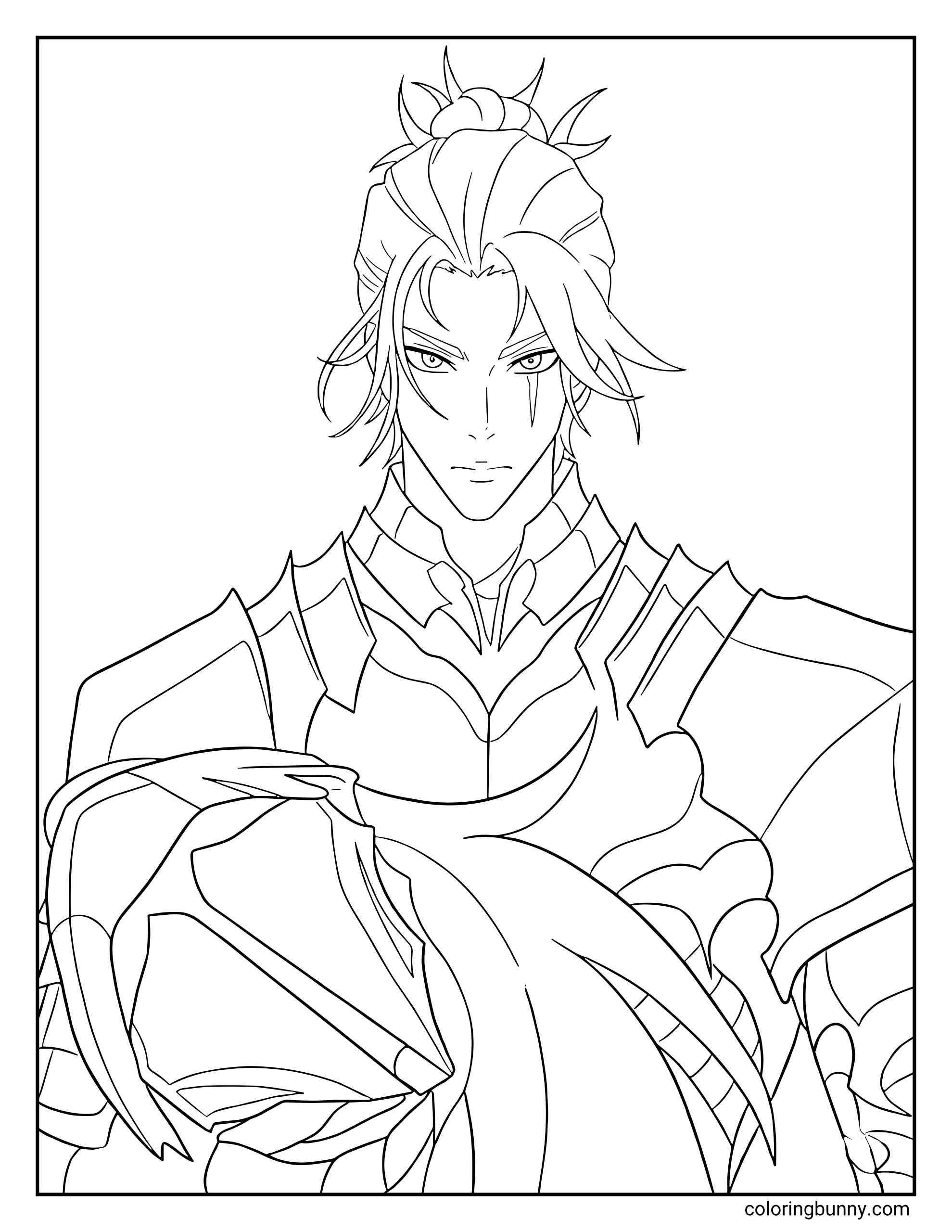 A coloring page of Igris in human form from Solo Leveling, depicting the noble knight without his iconic helmet and showcasing his sharp, regal features. This design highlights his intricate armor plates and long, flowing hair tied back in a topknot.