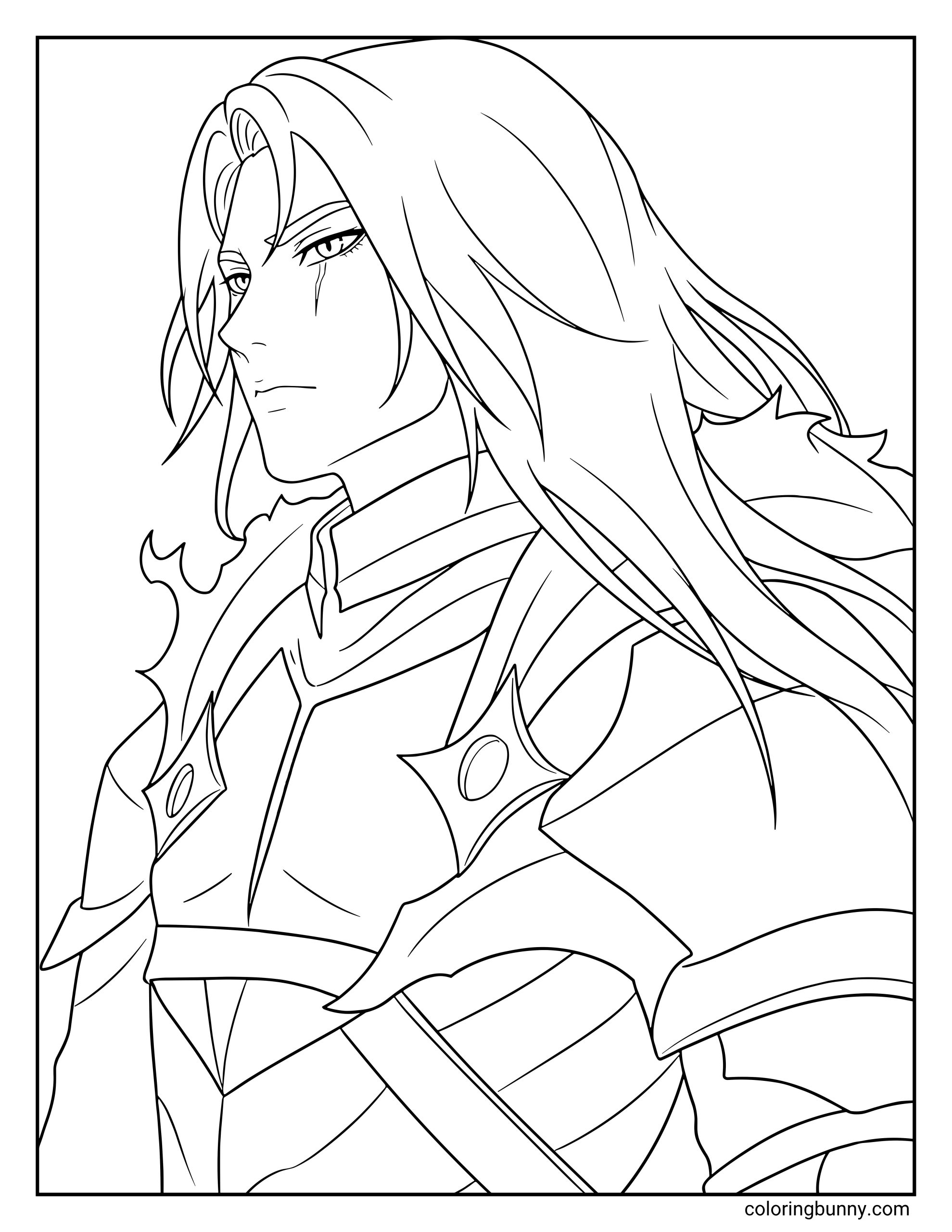 A coloring page of Igris in human form from Solo Leveling, capturing a majestic side-profile of the legendary knight with his long, flowing hair down. This design highlights his stoic facial features and the intricate details of his commander-grade armor.