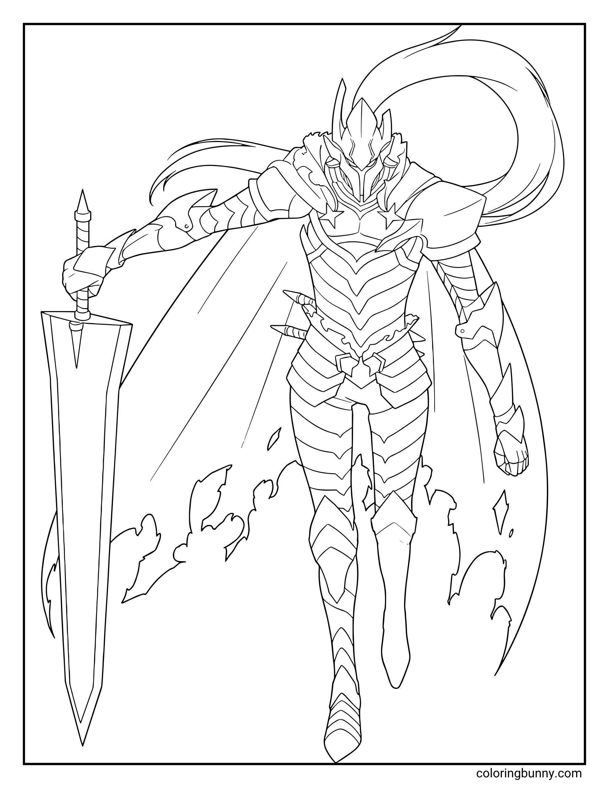 A coloring page of Igris the Bloodred in his full knight armor from Solo Leveling, wielding his massive longsword This design showcases his iconic plumed helmet and tattered cape.