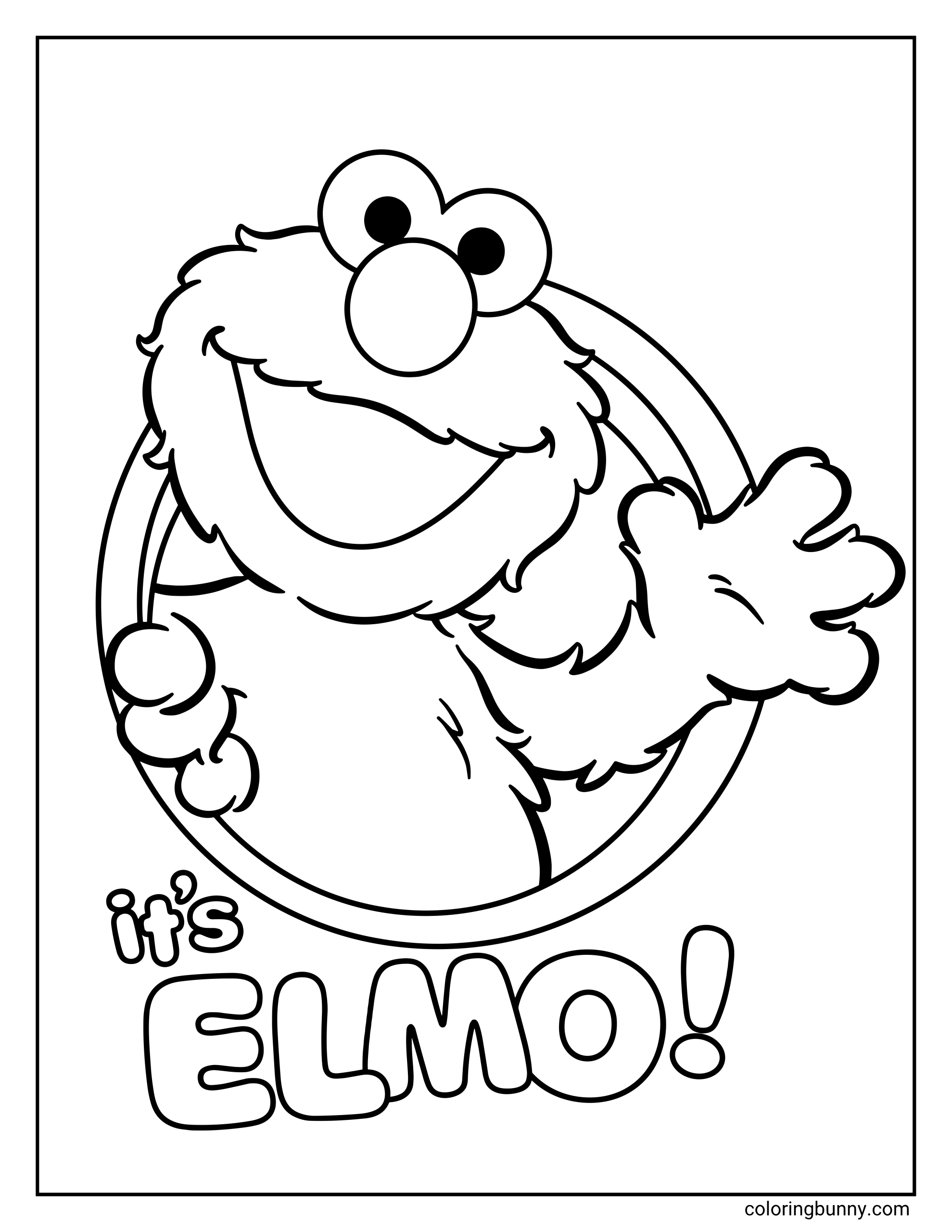 Coloring page of a cheerful Elmo bursting through a circle border to wave at you, accompanied by big, hollow text spelling out "it's ELMO!"