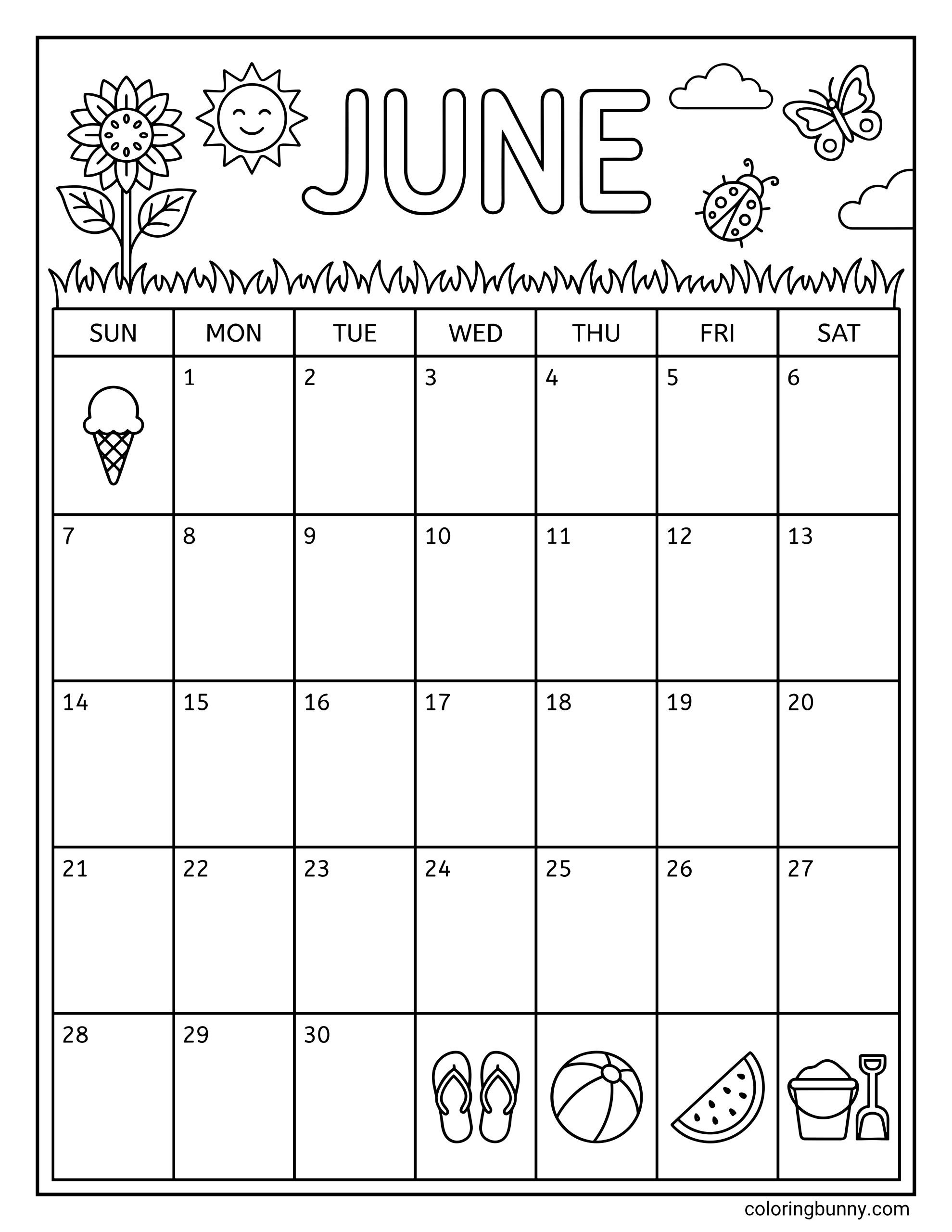 June calendar coloring page with the month name “JUNE” in large bubble letters above a monthly grid. The top section features a sunflower, a smiling sun, a butterfly, a ladybug, fluffy clouds, and a strip of grass. The calendar is labeled from Sunday through Saturday, with numbered date boxes and small summer icons like an ice cream cone, flip-flops, a beach ball, a watermelon slice, and a sand bucket and shovel near the bottom.