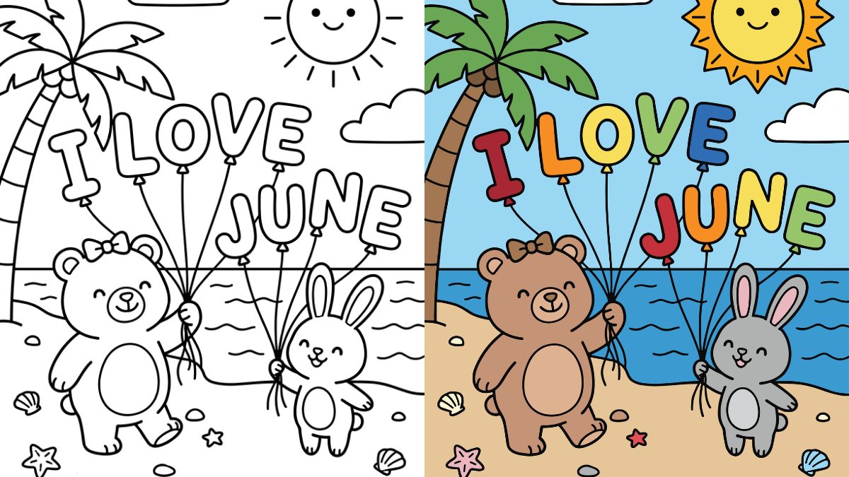 June Coloring Pages with Rabbit and Bear characters holding up balloons spelling "I Love June"