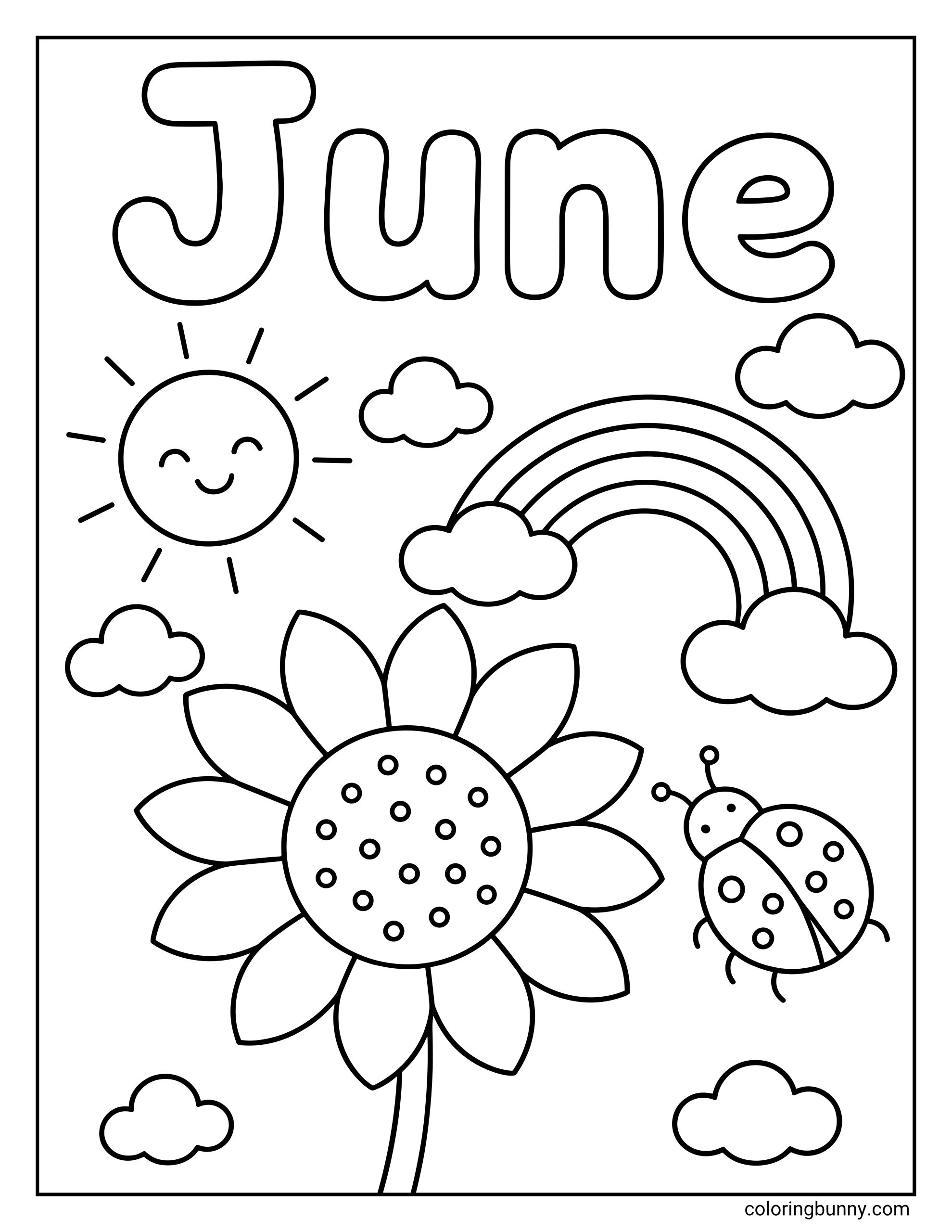 June coloring page showing bubble letters that spell “June” above a cheerful outdoor scene. The image includes a smiling sun on the left, a rainbow on the right, clouds around the sky, a large flower in the center, and a ladybug near the flower.