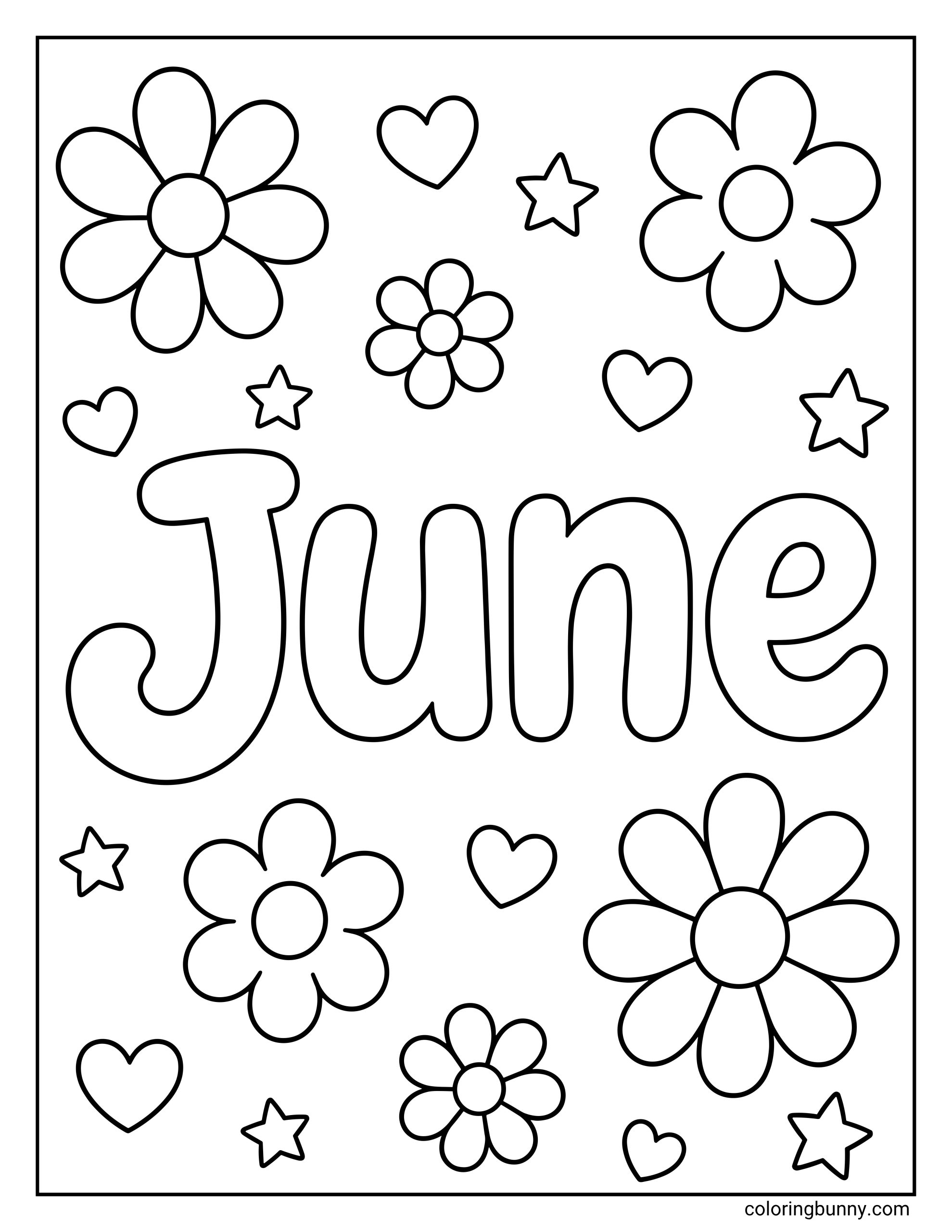 June coloring page with the word “June” in large bubble letters at the center, surrounded by big and small flowers, hearts, and star shapes scattered all around the page.
