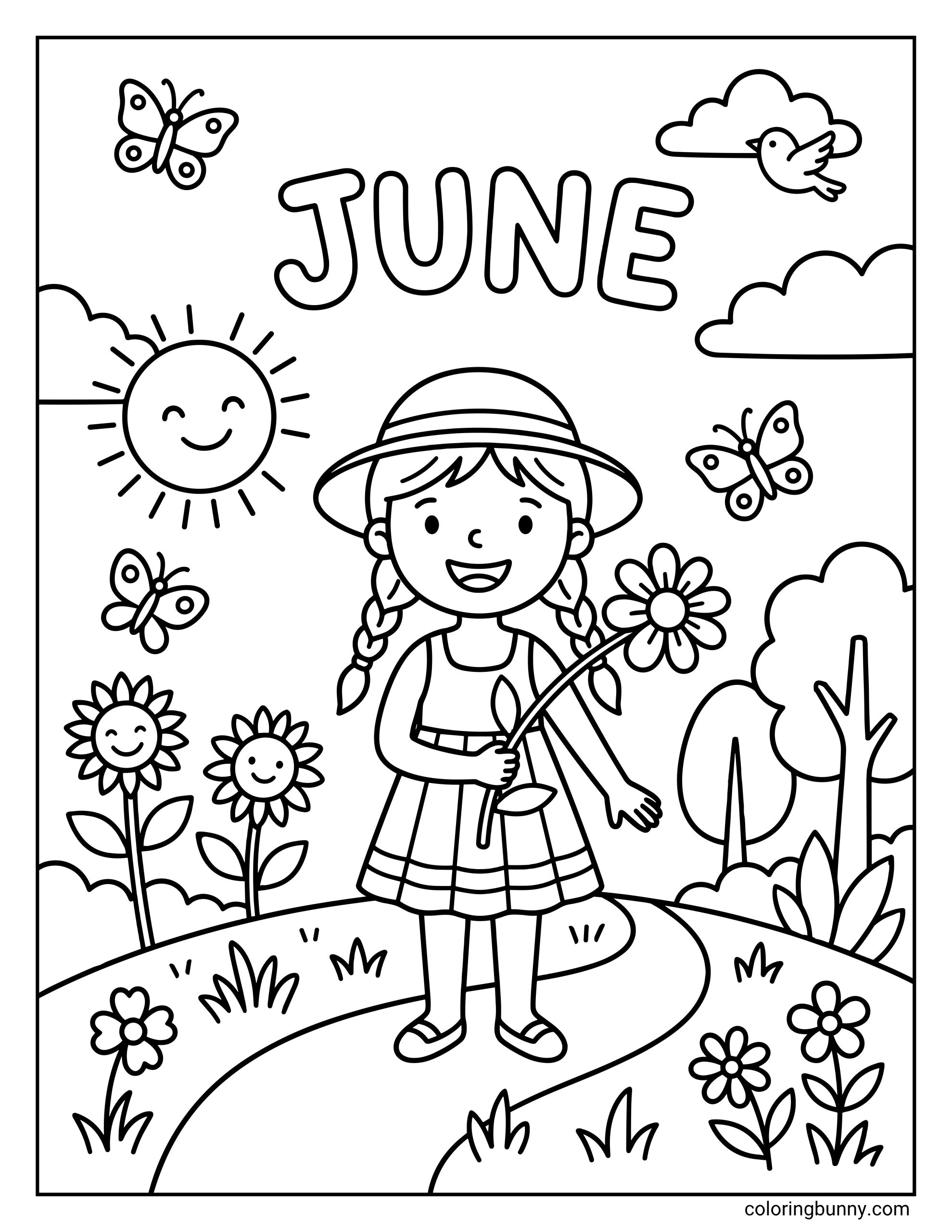 June coloring page featuring a happy girl with braided pigtails holding a large flower, surrounded by smiling sunflowers, fluttering butterflies, and a cheerful sun.