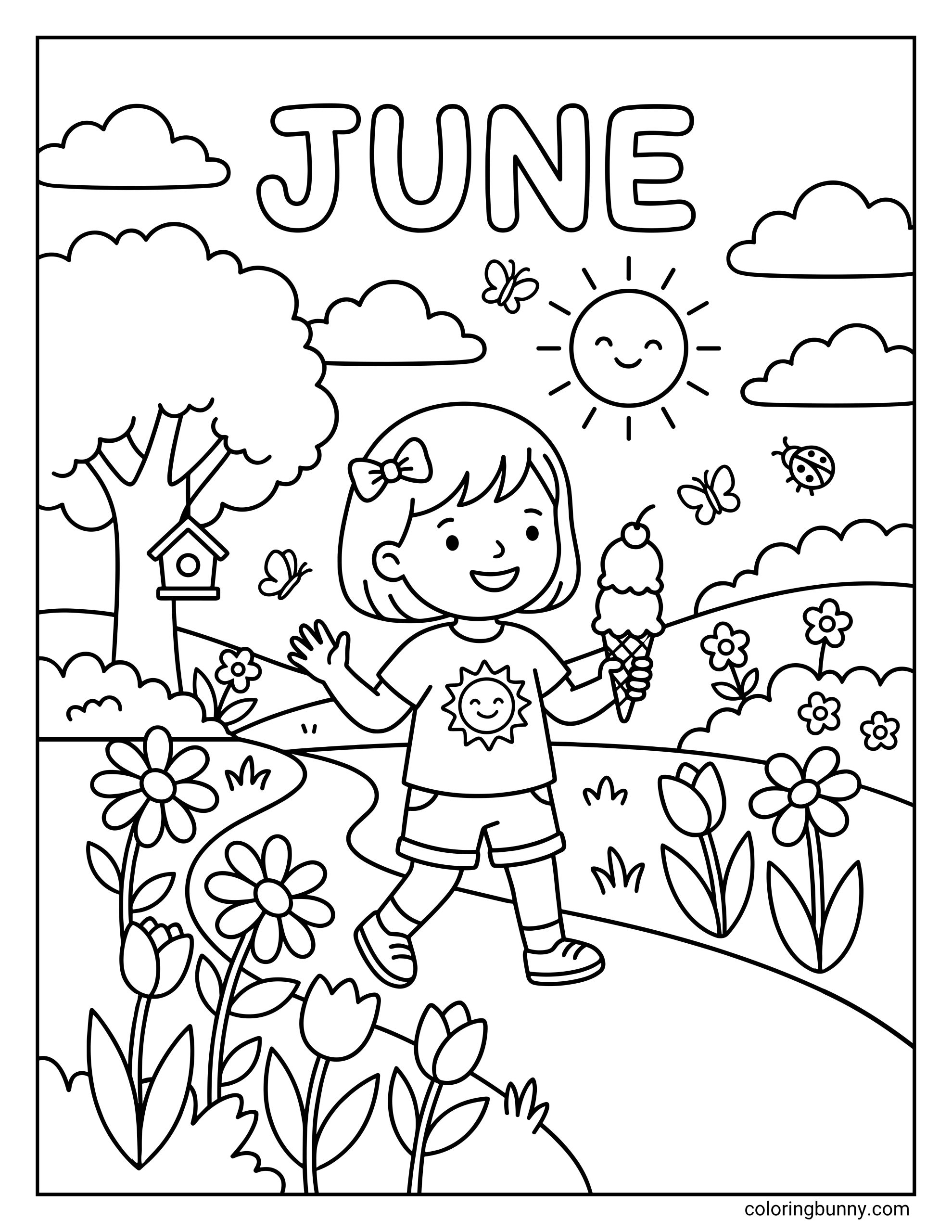 Simple June coloring sheet with a smiling girl walking through a flower-filled landscape, holding ice cream, with butterflies, a ladybug, a bright sun, fluffy clouds, a tree and birdhouse, and large JUNE letters overhead.
