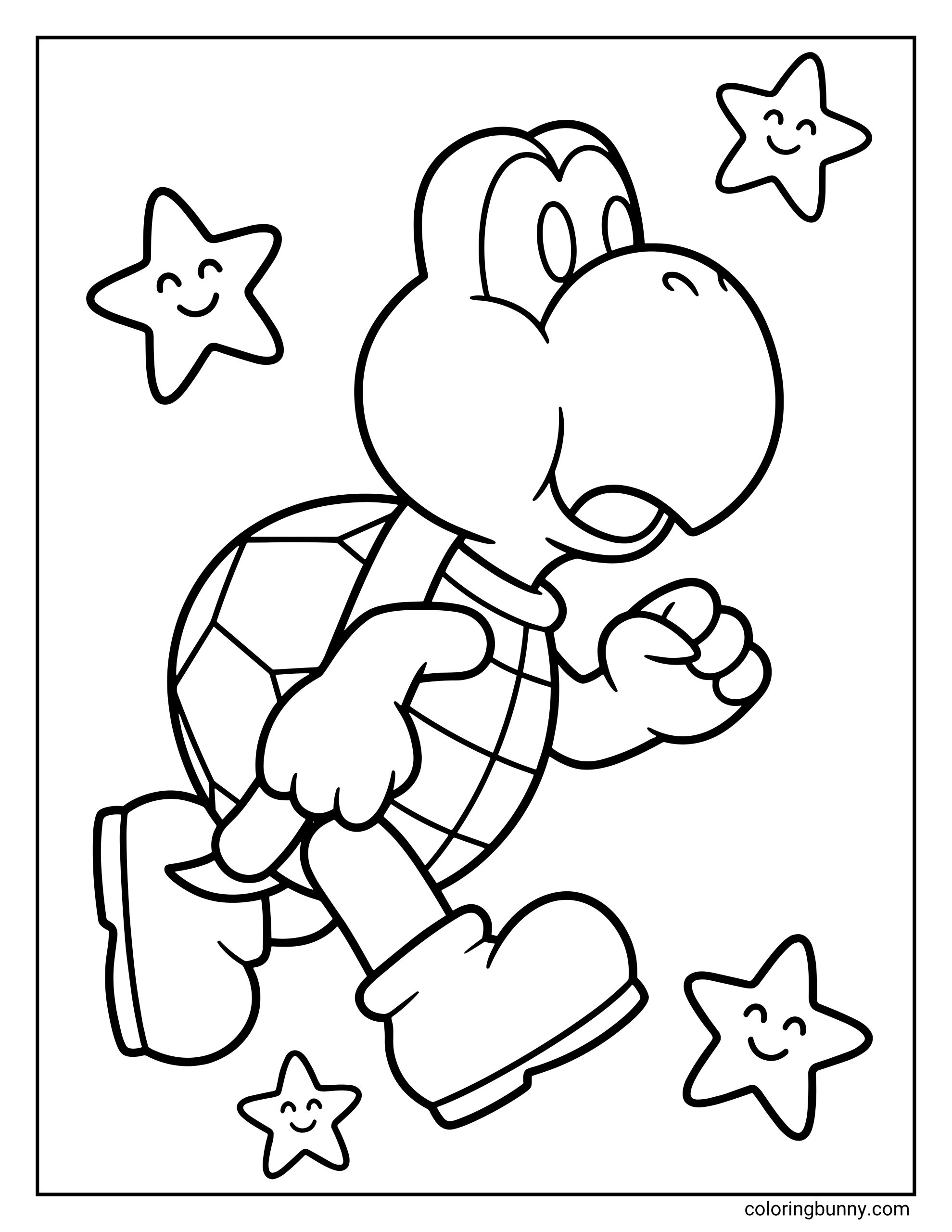 A cute coloring page of a Koopa Troopa from Mario running surrounded by smiling stars. The iconic turtle character is in a dynamic pose, wearing his signature boots and shell.