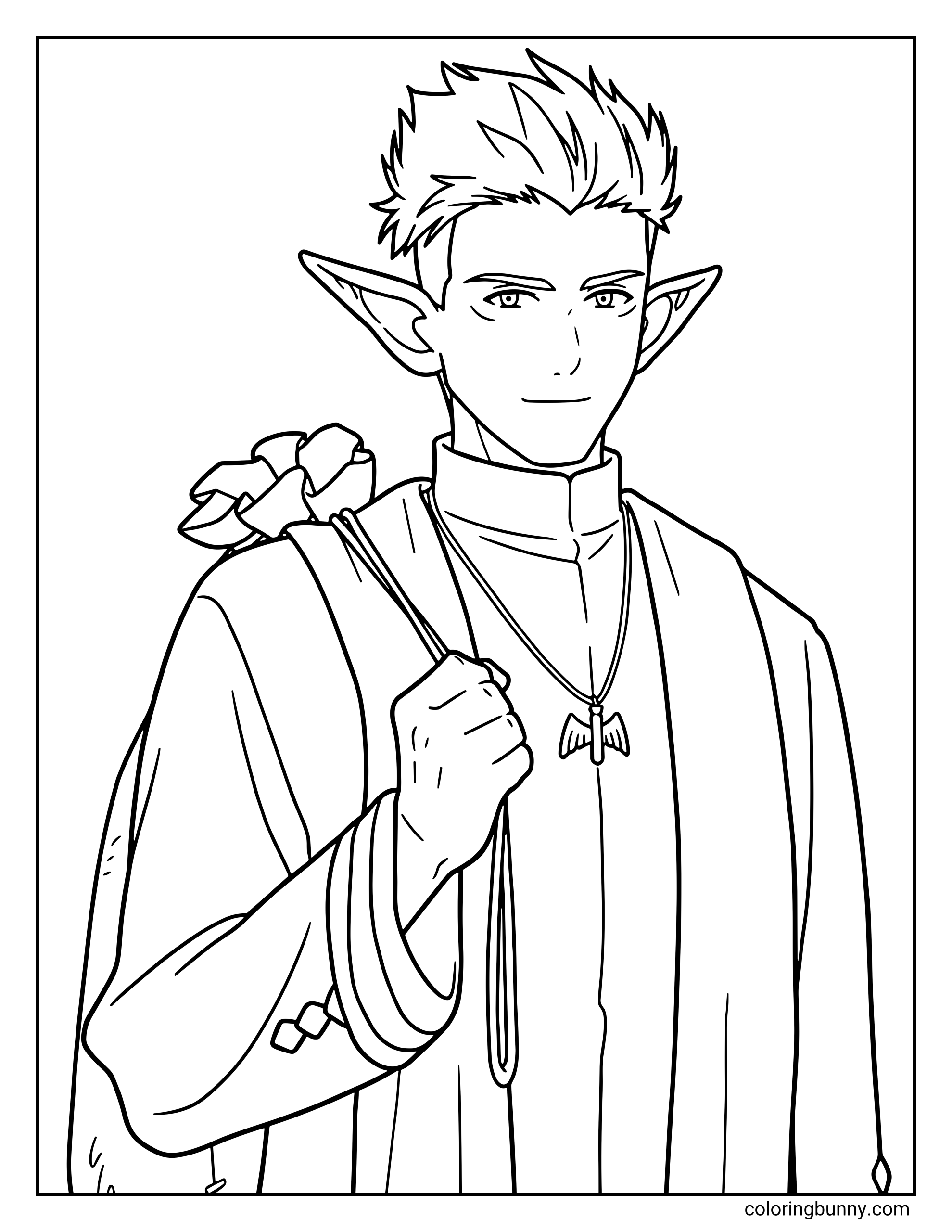 A coloring page of Kraft from Frieren: Beyond Journey's End featuring the elven monk with his short, spiky hair and prominent pointed ears. The page displays him in his traveling robes, clutching the strap of his pack and wearing his signature necklace.