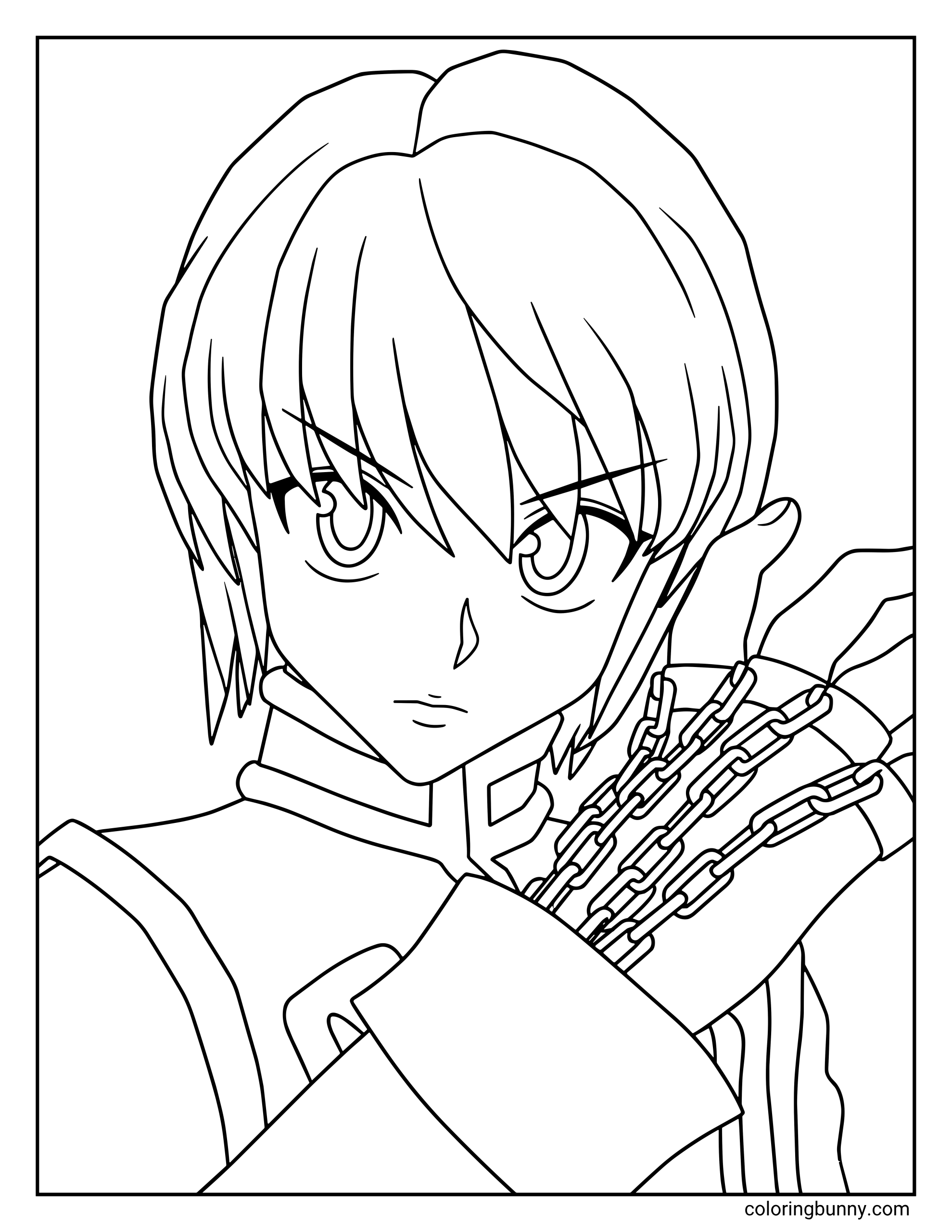 A simple coloring page of Kurapika from the Hunter x Hunter anime, featuring a detailed, close-up portrait of him with a determined expression, scarlet eyes, a neat chin-length bob haircut, and his signature chains wrapped around his hand and fingers.