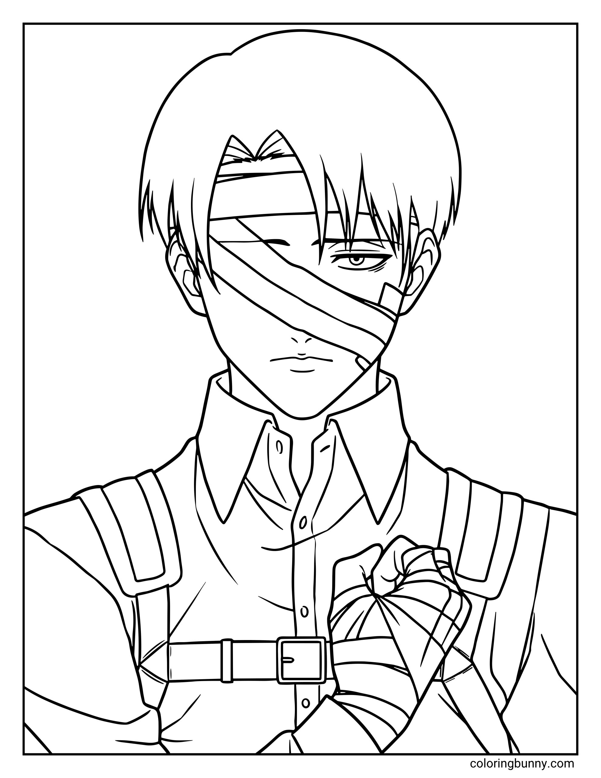 A coloring page of Levi Ackerman from the Attack on Titan anime, showing him with heavy bandages across his face and head following a major battle.