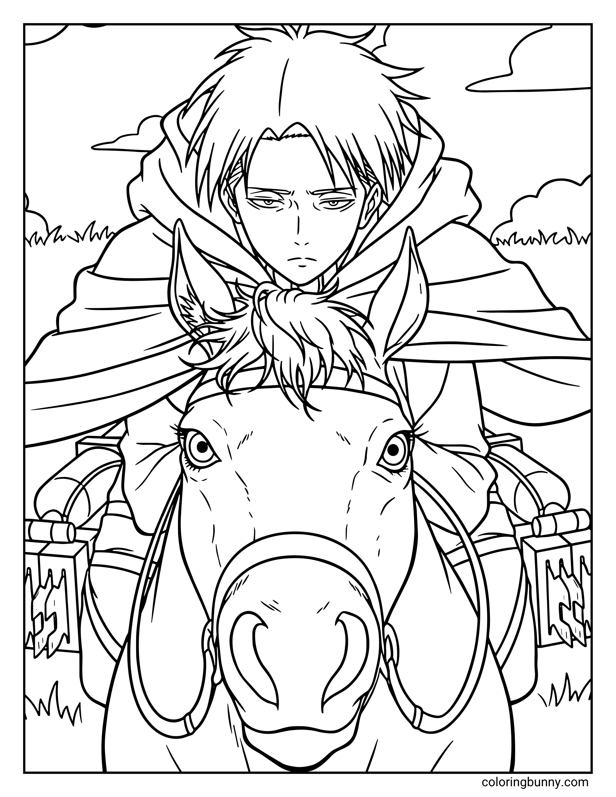 A coloring page of Levi Ackerman from the Attack on Titan anime, depicting the captain riding his horse through an open field while wearing his Survey Corps hooded cloak.