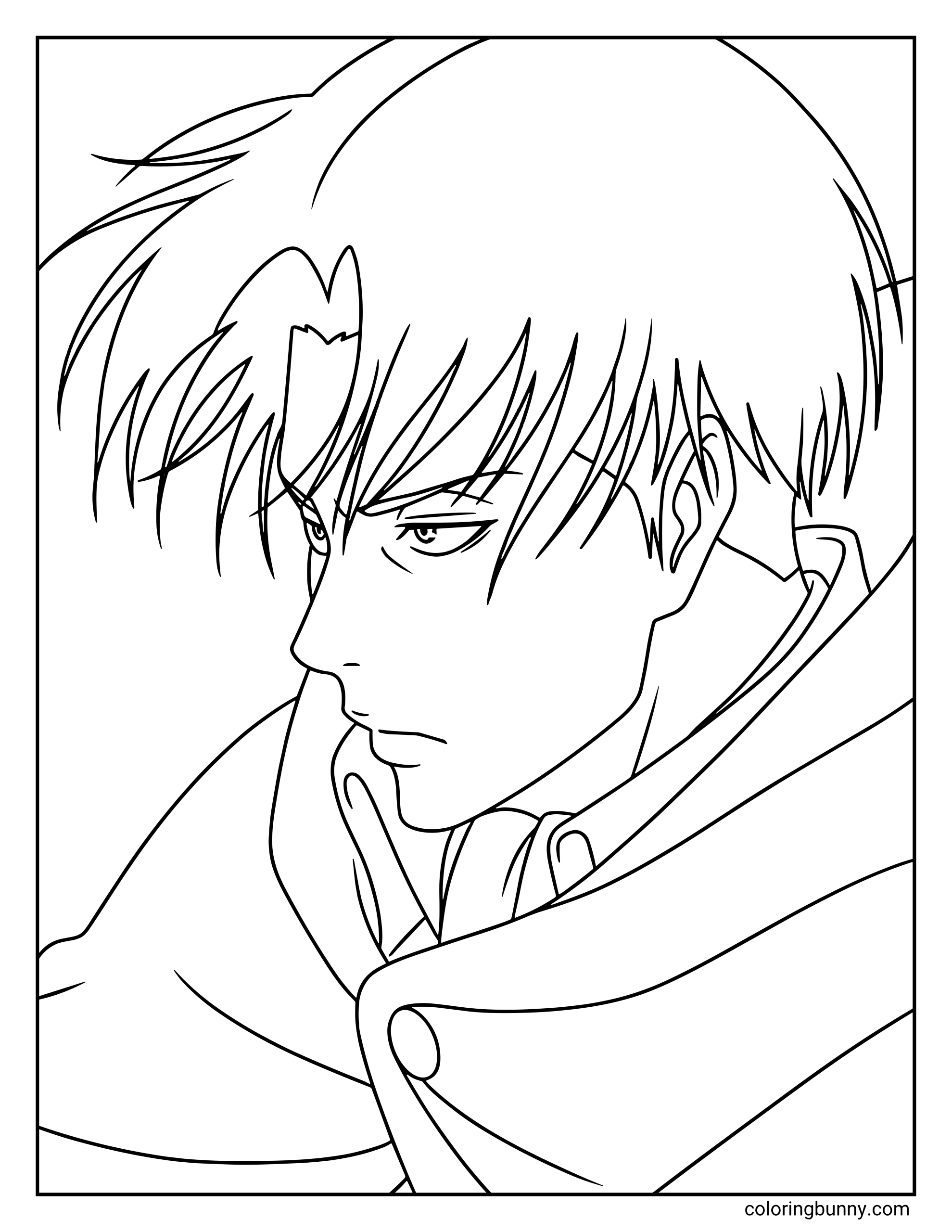 A coloring page of Levi Ackerman from the Attack on Titan anime, showcasing him in his full Survey Corps uniform including the iconic long-sleeved jacket.