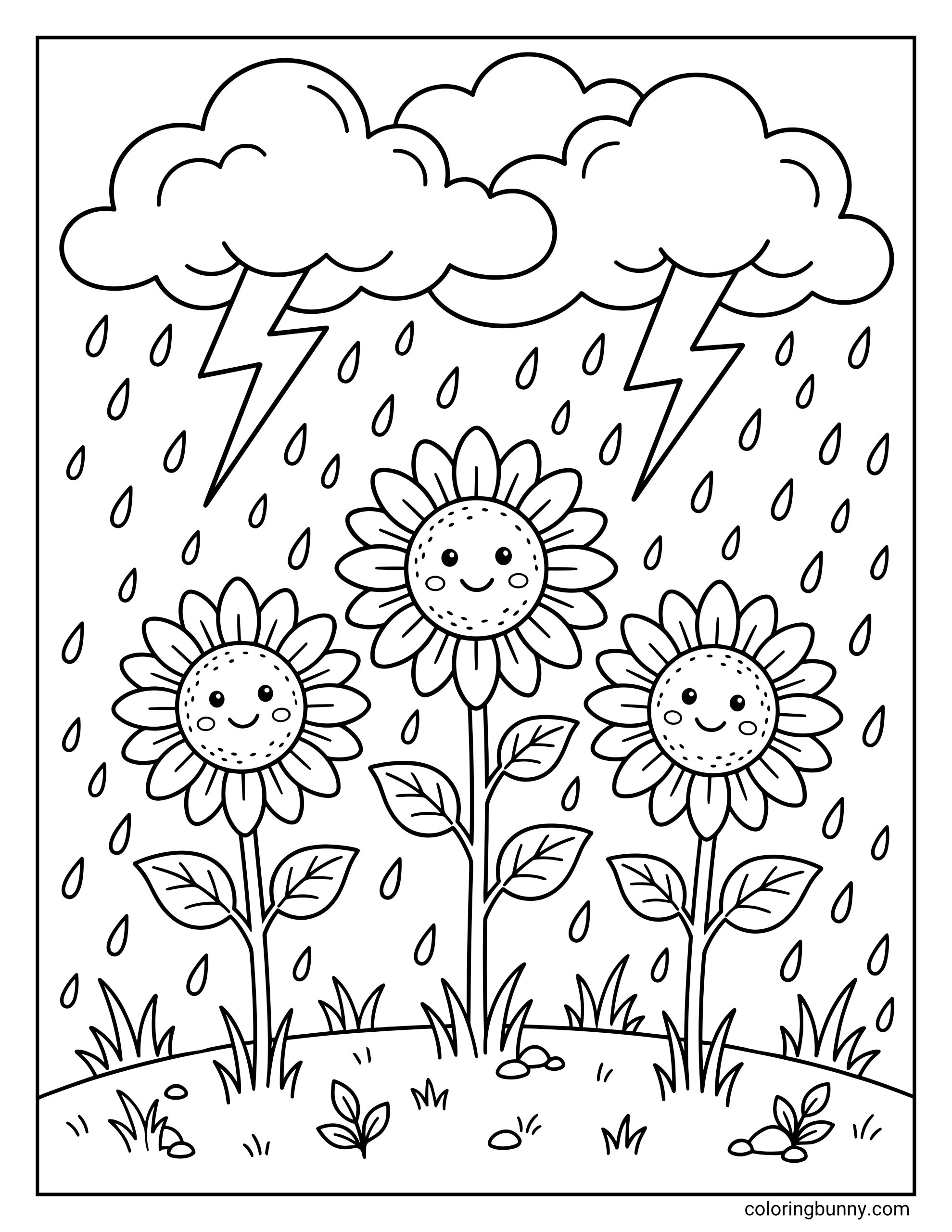 Sunflower coloring page showing a trio of friendly sunflowers looking cheerful despite the heavy rain shower and large lightning bolts crashing down.