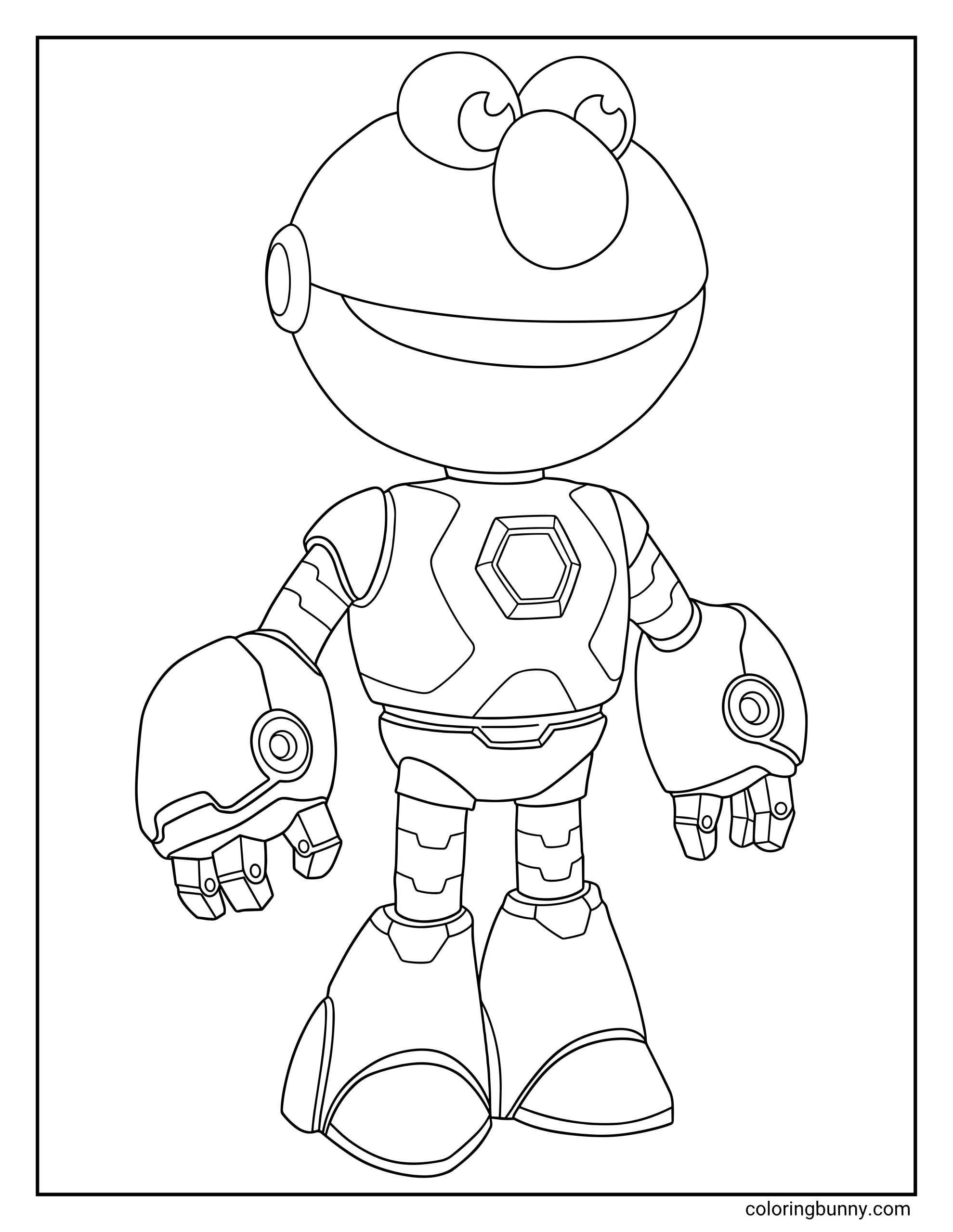 Mecha Elmo coloring sheet depicting the popular Sesame Street hero completely upgraded with super cool robot parts. The uncolored illustration provides thick, hollow outlines of his mechanical boots, heavy armor panels, and friendly smiling face.