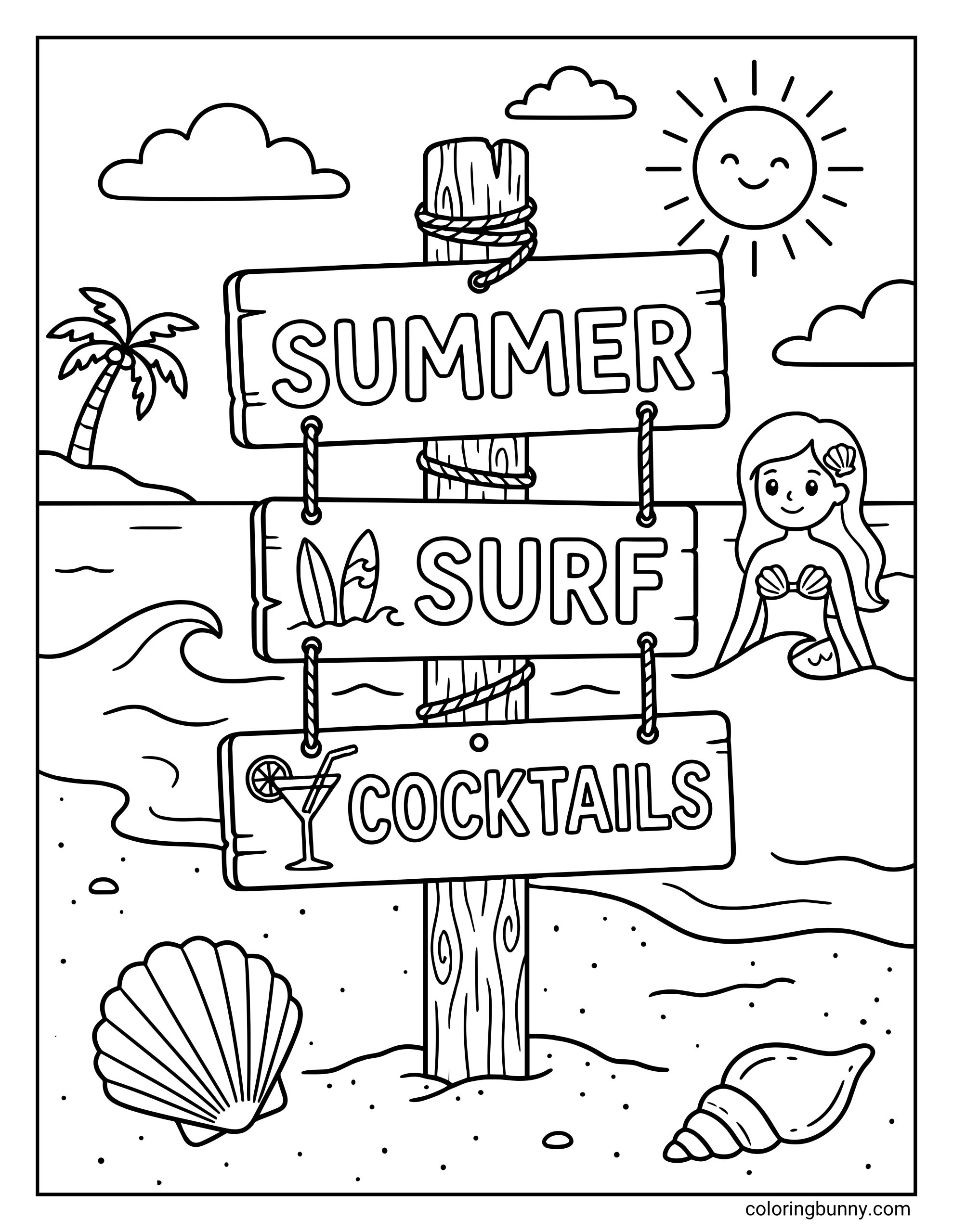 Mermaid beach coloring page showing a tall wooden signpost on the sand with three hanging boards labeled "SUMMER," "SURF," and "COCKTAILS." A smiling mermaid appears in the water beside the signs, with a palm tree, happy sun, clouds, seashells, and gentle ocean waves in the background.