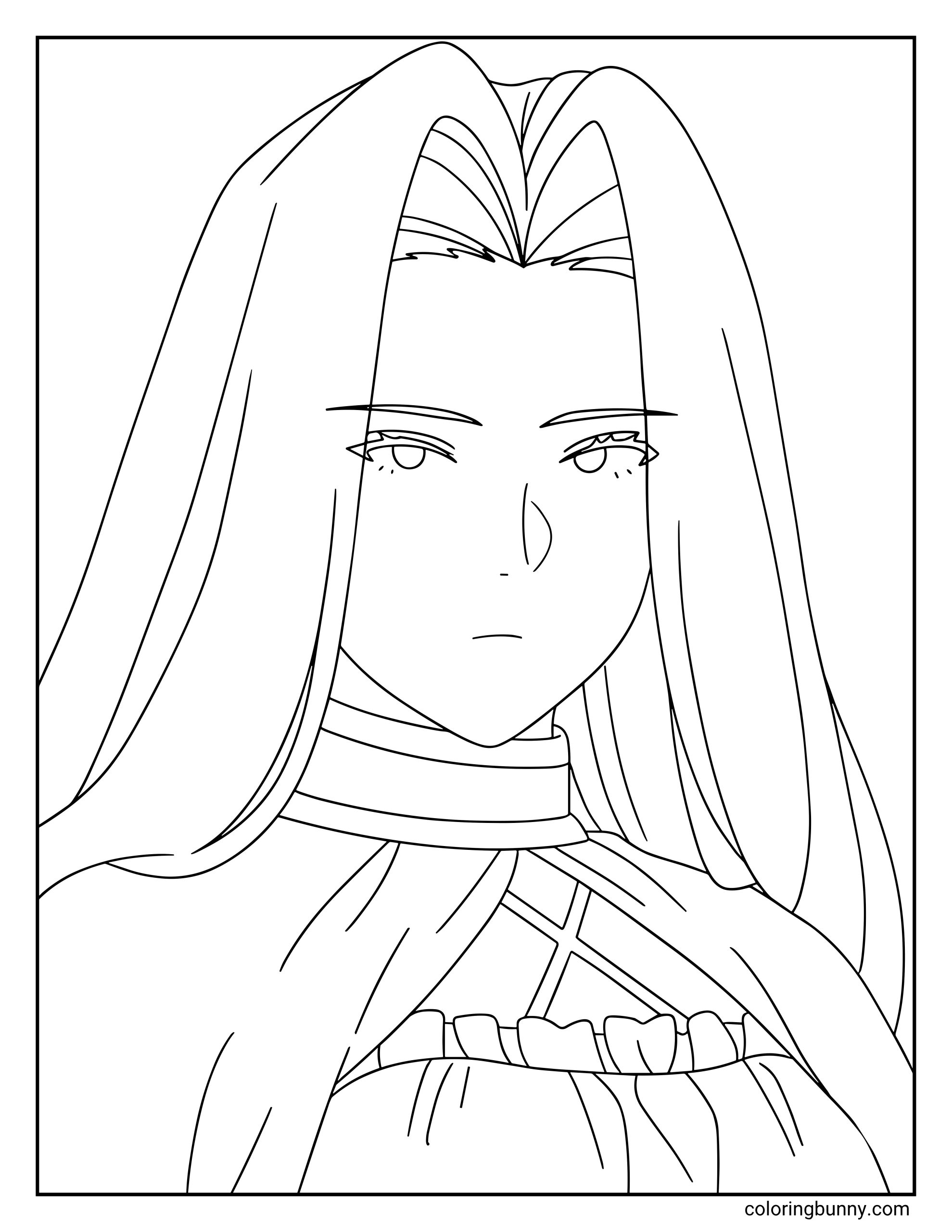 A coloring page of Methode from Frieren: Beyond Journey's End highlighting the elegant mage with her long, flowing hair and calm, focused expression.