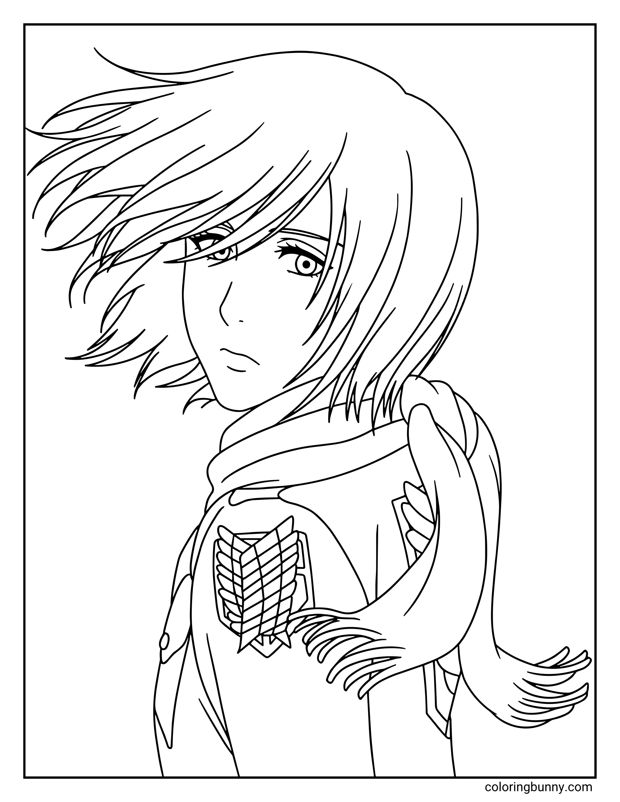 A side-view coloring page of Mikasa Ackerman from the Attack on Titan anime, depicting her in her Survey Corps uniform with a calm, focused expression.