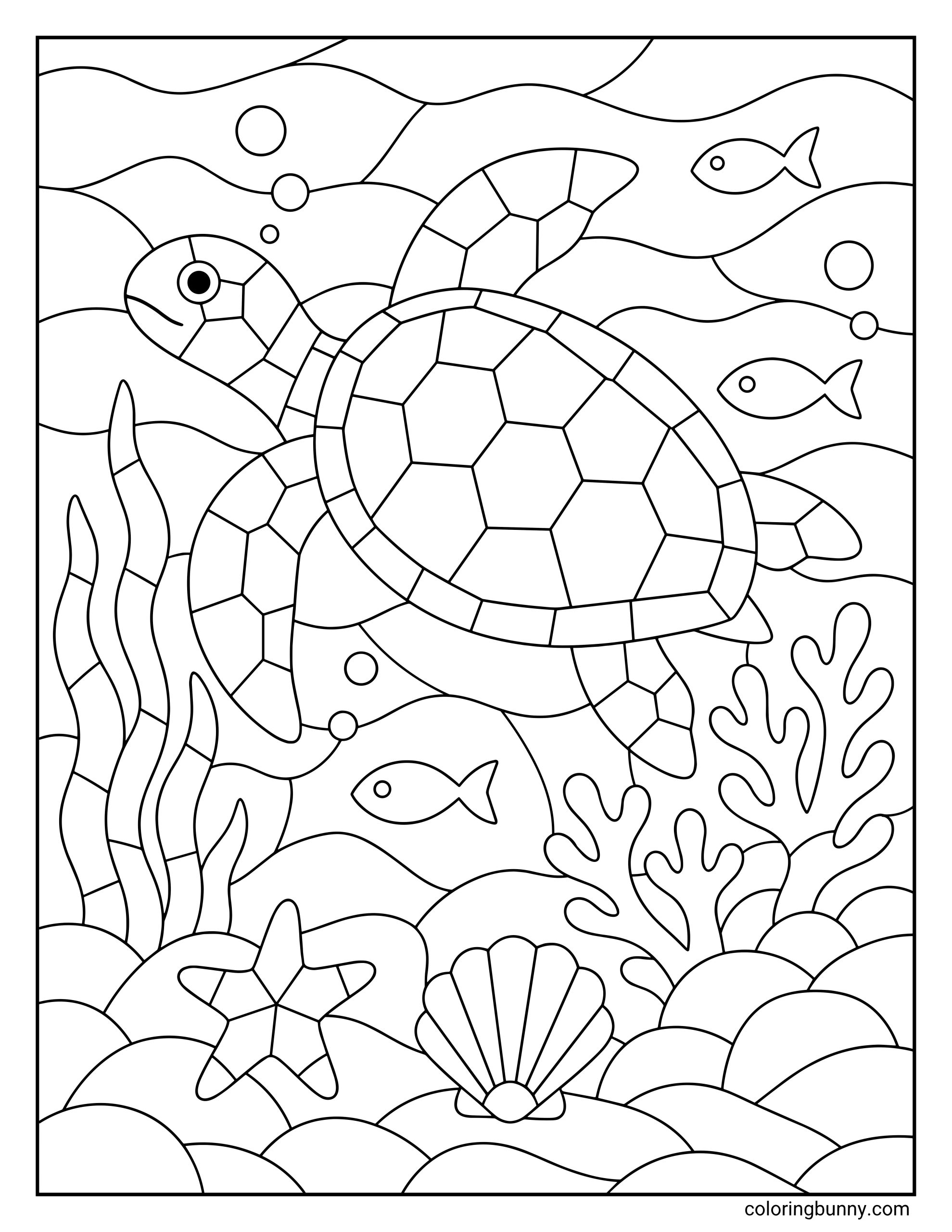 A geometric coloring page of a turtle swimming underwater while exploring a vibrant coral reef. The scene features a geometric, stained-glass style design with three small fish, a starfish, and a seashell on the ocean floor.