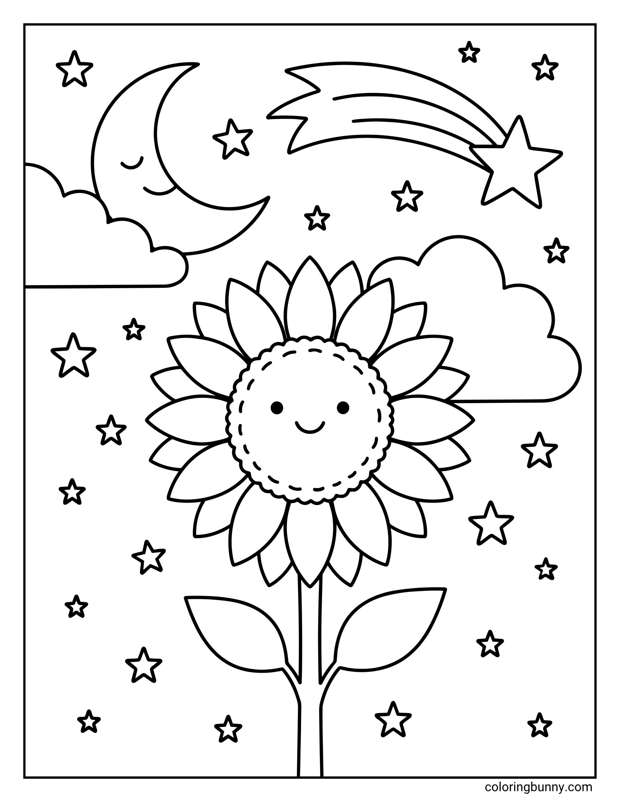 A coloring page of a cheerful sunflower with layered petals, a smiling face, leaves, and stem, surrounded by stars, clouds, a crescent moon, and a shooting star.