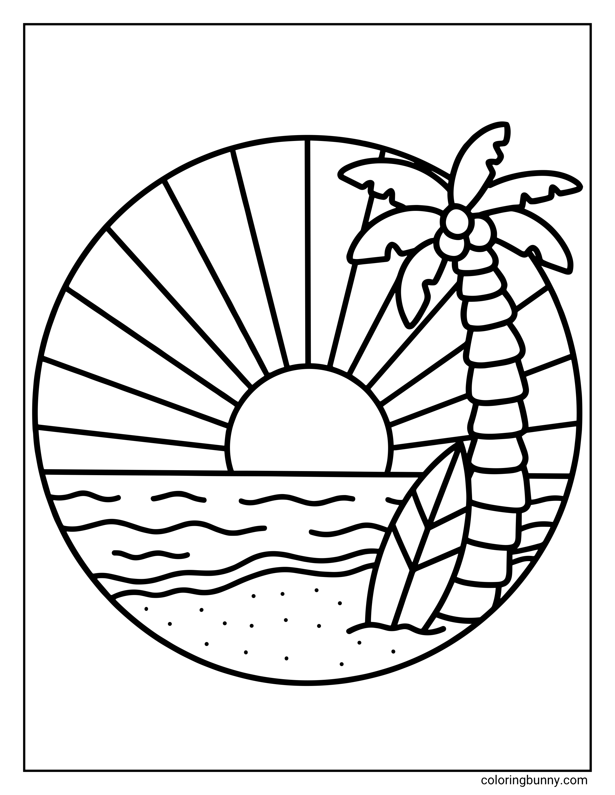 Easy Summer beach coloring page featuring a tropical scene inside a circle with a surfboard leaning against a tall coconut palm tree on a sandy shore facing ocean waves and a setting sun with long radiating rays.