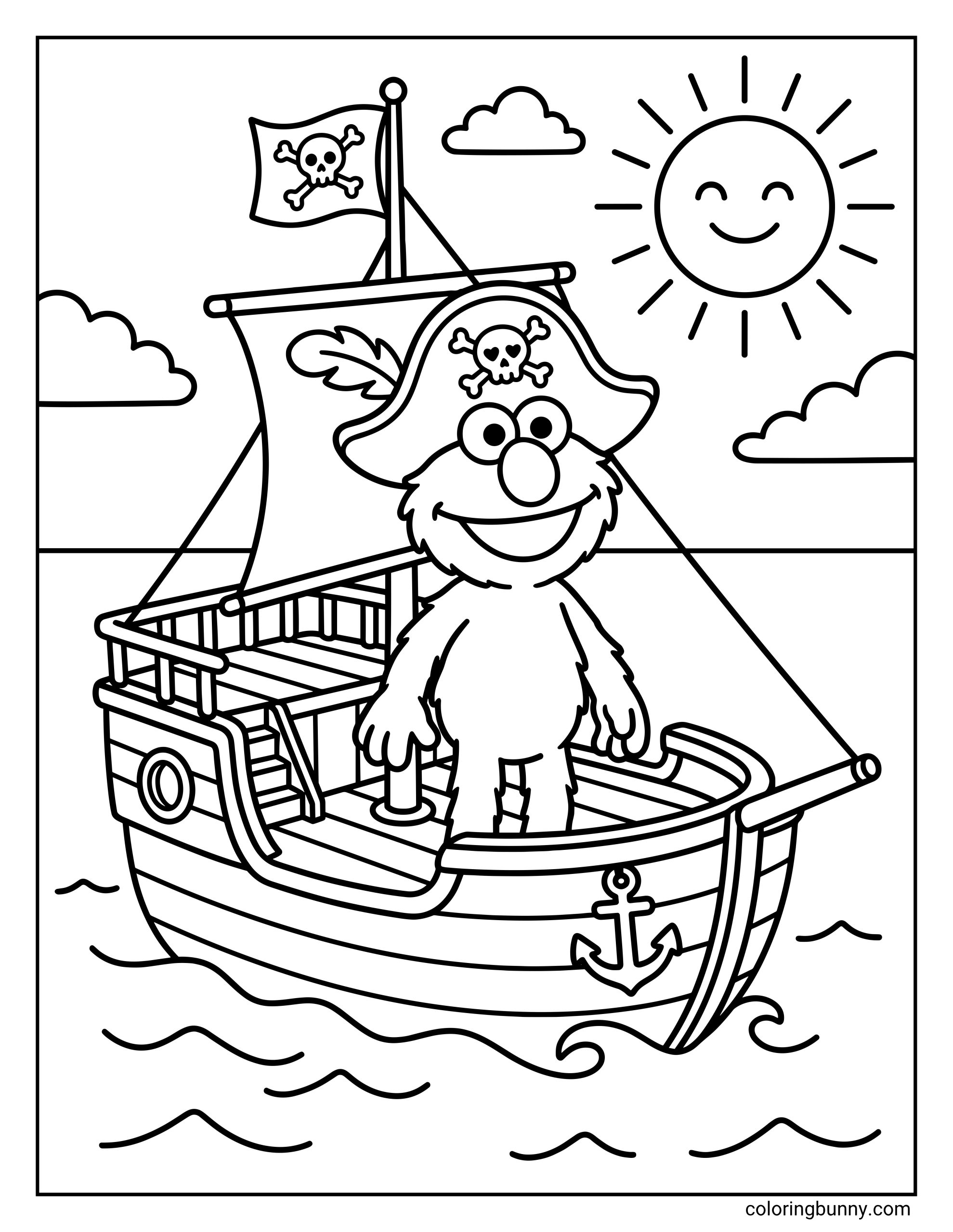Coloring page of Elmo from Sesame Street dressed as a pirate on a wooden ship at sea. Elmo stands near the front of the boat wearing a pirate hat, while the ship shows a large sail, pirate flag, railings, stairs, anchor detail, waves, clouds, and a happy sun overhead.