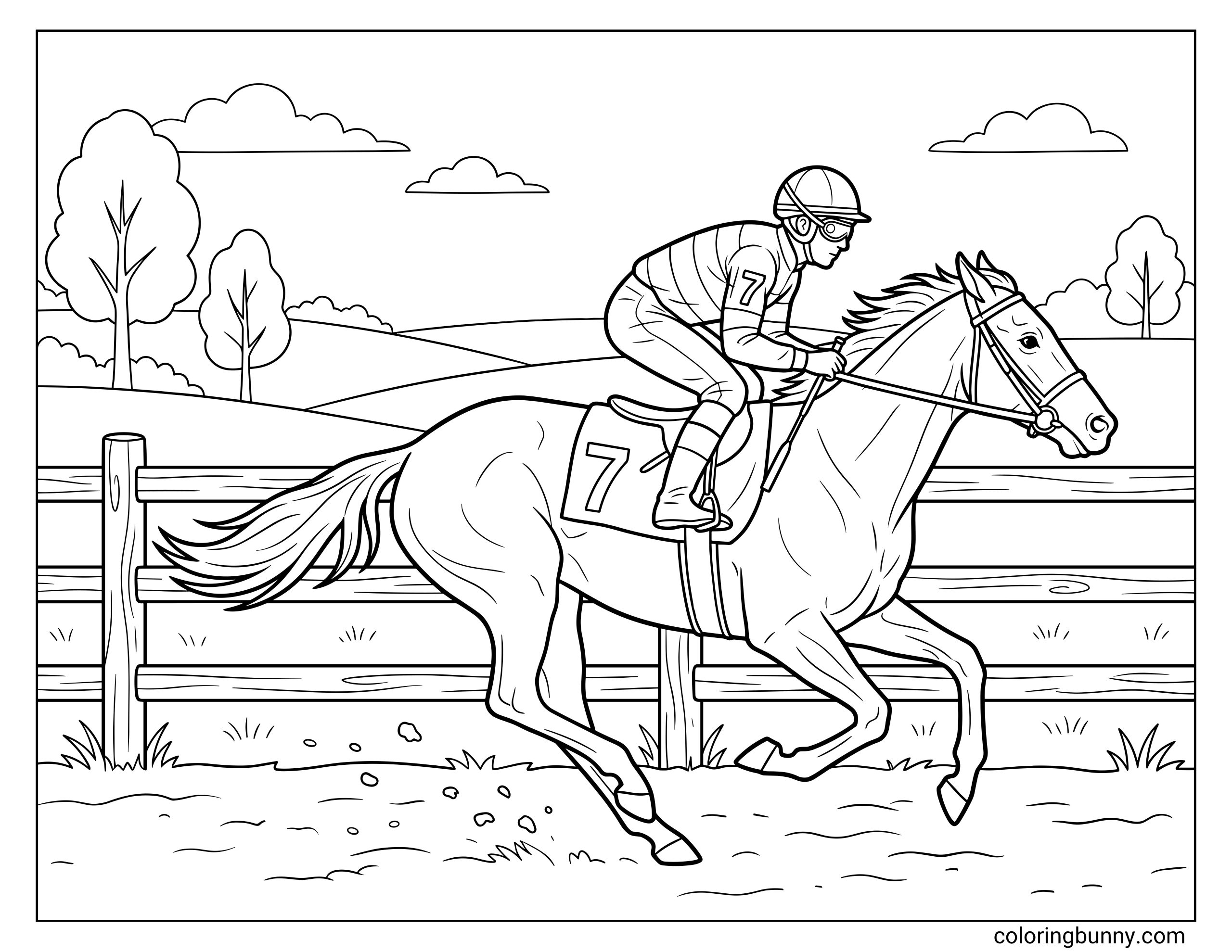 Horse racing coloring page featuring a racehorse galloping with a jockey wearing helmet and goggles, numbered saddle, fence, trees, hills, and a racetrack setting.