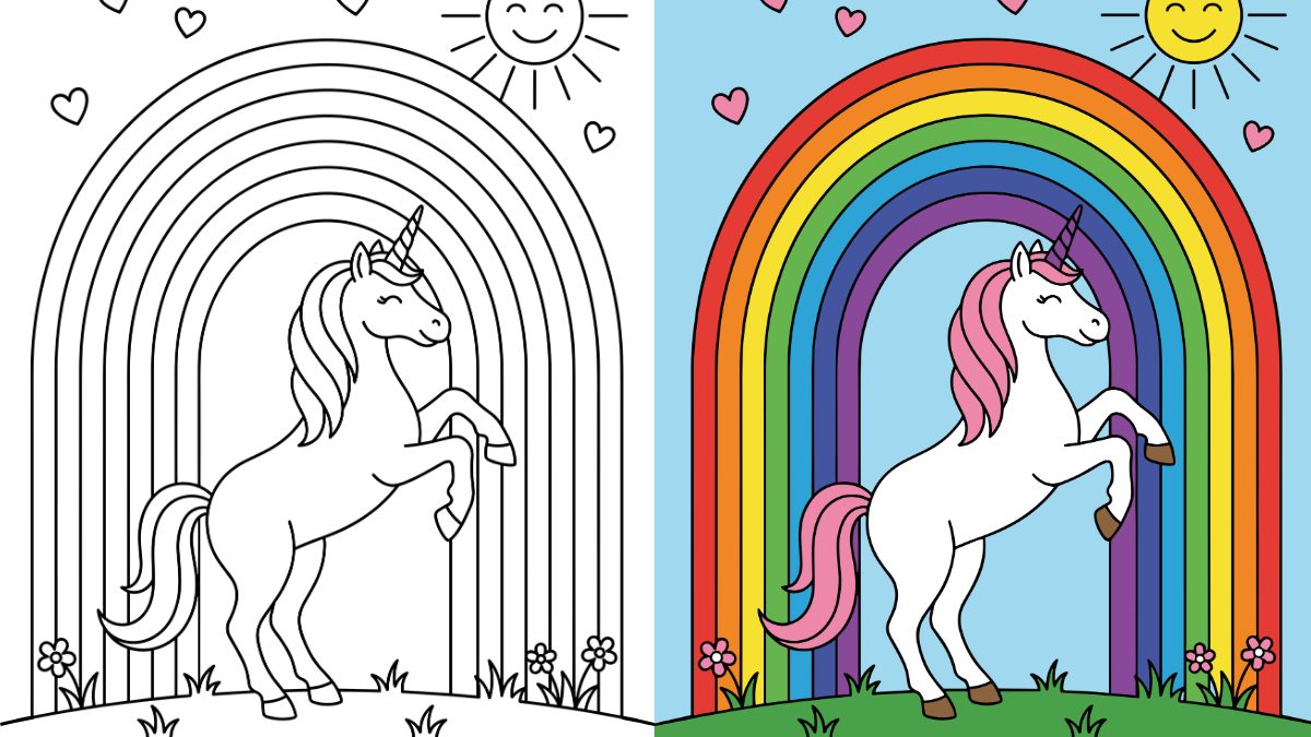 Rainbow Coloring Pages with a Unicorn and hearts