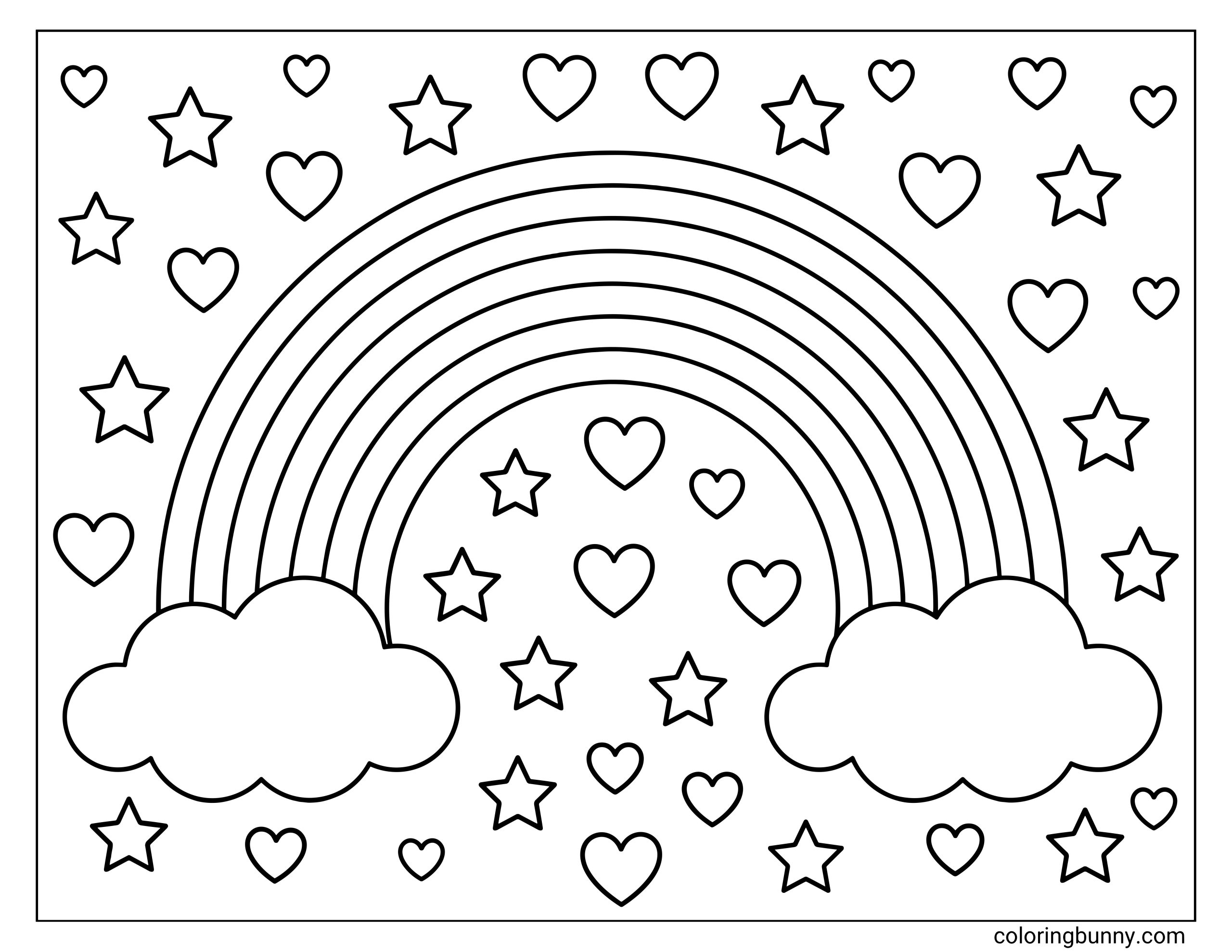 Rainbow coloring page featuring a large arched rainbow stretching between two fluffy clouds, with hearts and stars scattered all around the sky.