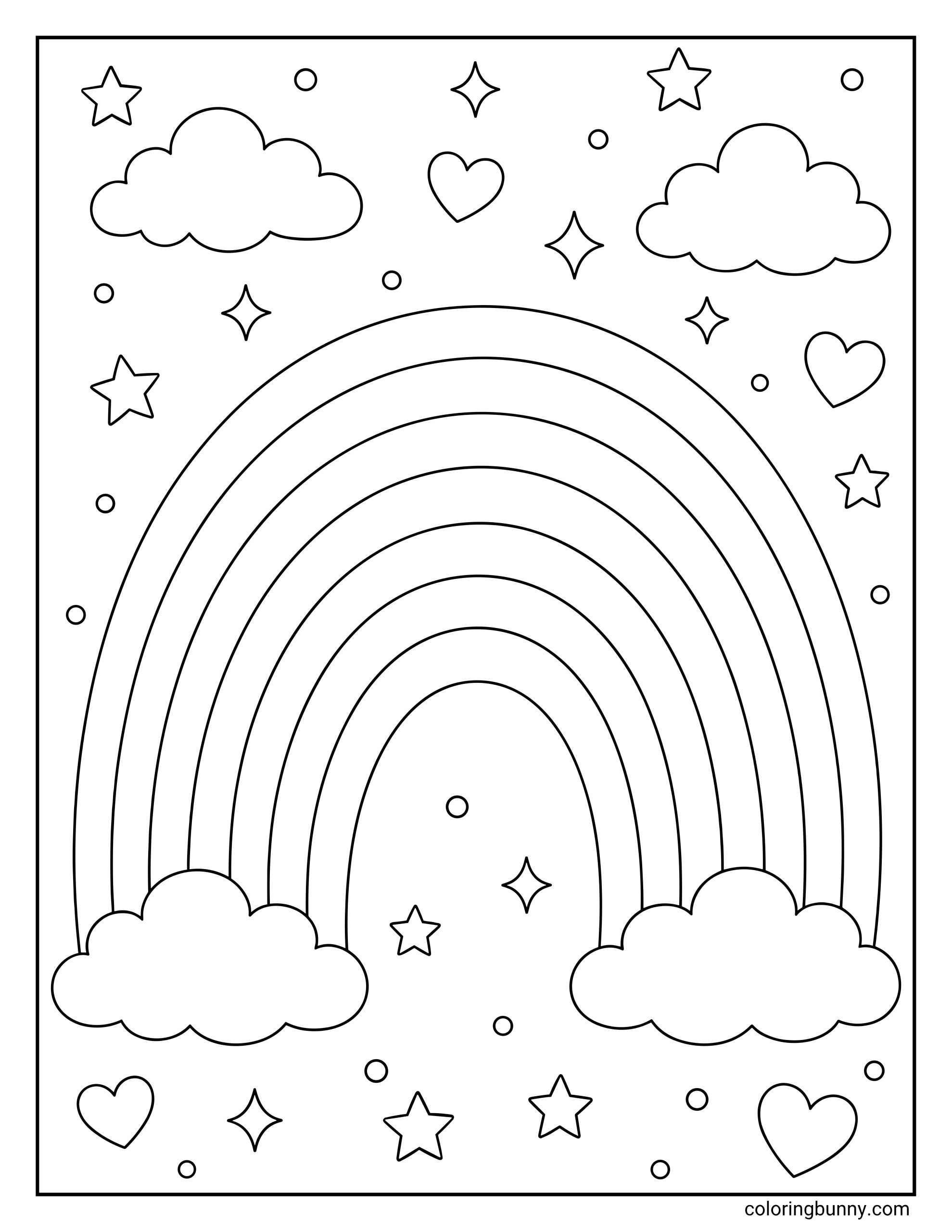 Rainbow coloring page depicting a clean, monoline drawing of a rainbow arching between clouds, accented with scattered five-point stars, sparkles, circles, and hearts.