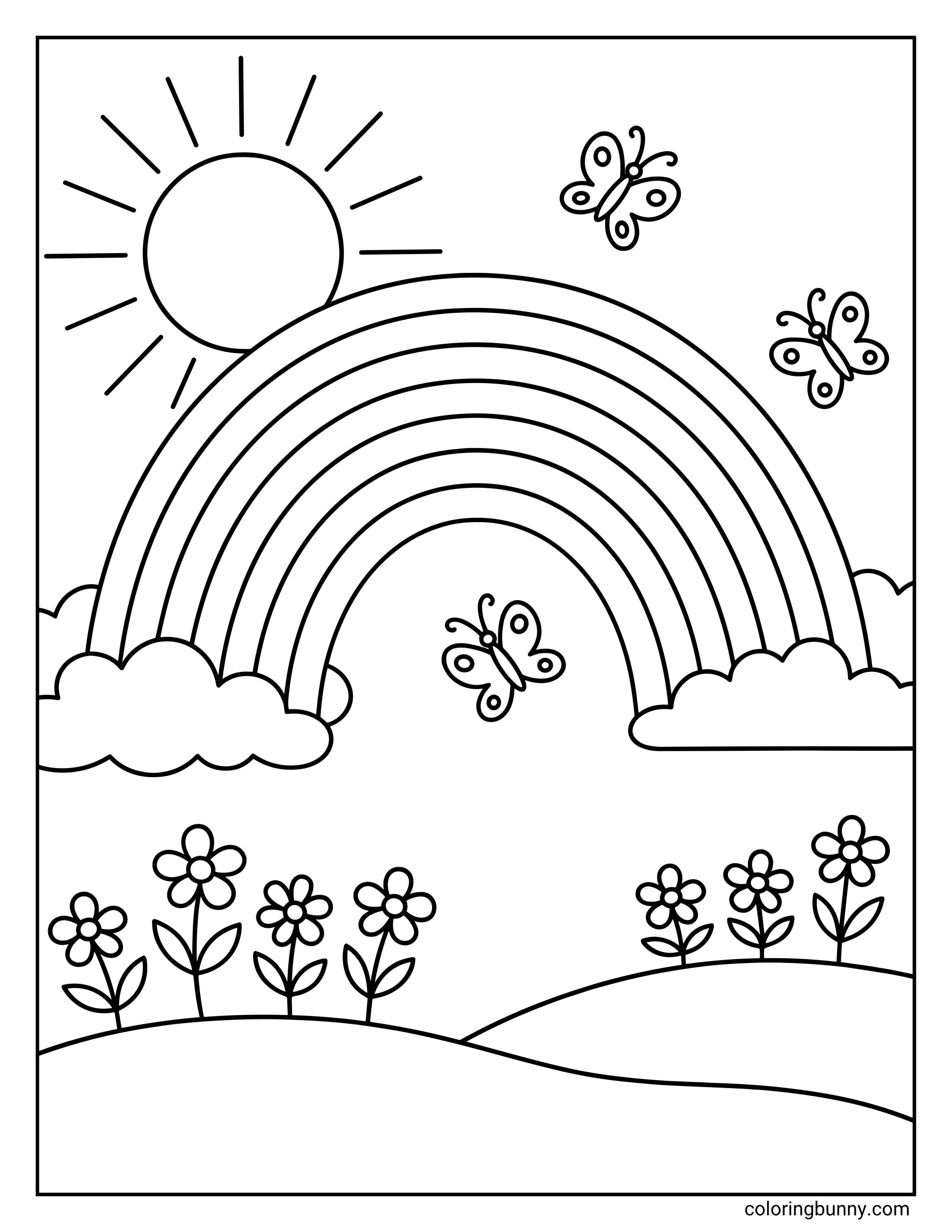 Rainbow coloring page featuring a large arched rainbow between fluffy clouds, a smiling sun peeking from the top left, three butterflies flying around the scene, and simple flowers growing across rolling hills.