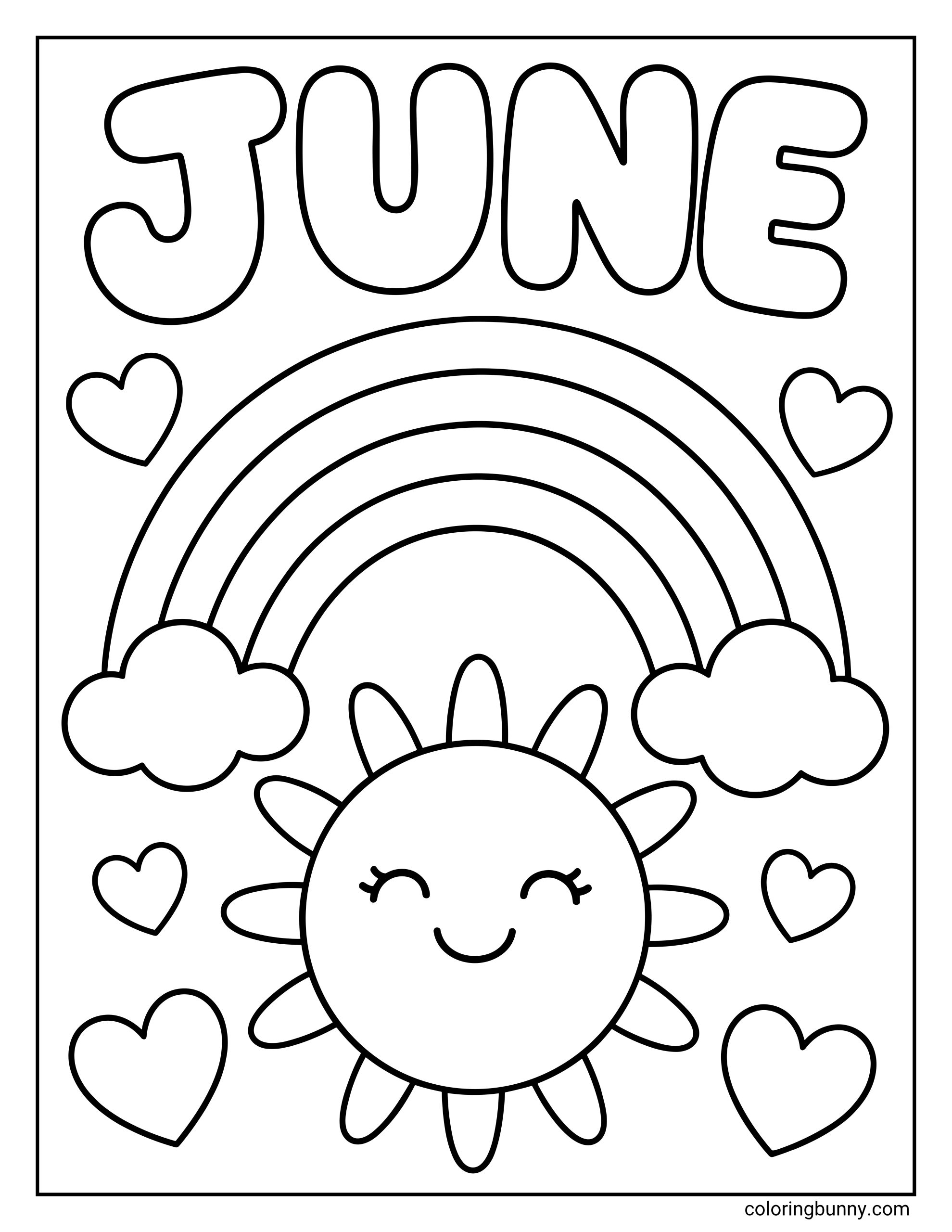 Easy June coloring sheet for kids depicting a joyful weather scene with the word June, a majestic rainbow spanning two clouds, floating hearts, and an adorable smiling sun.