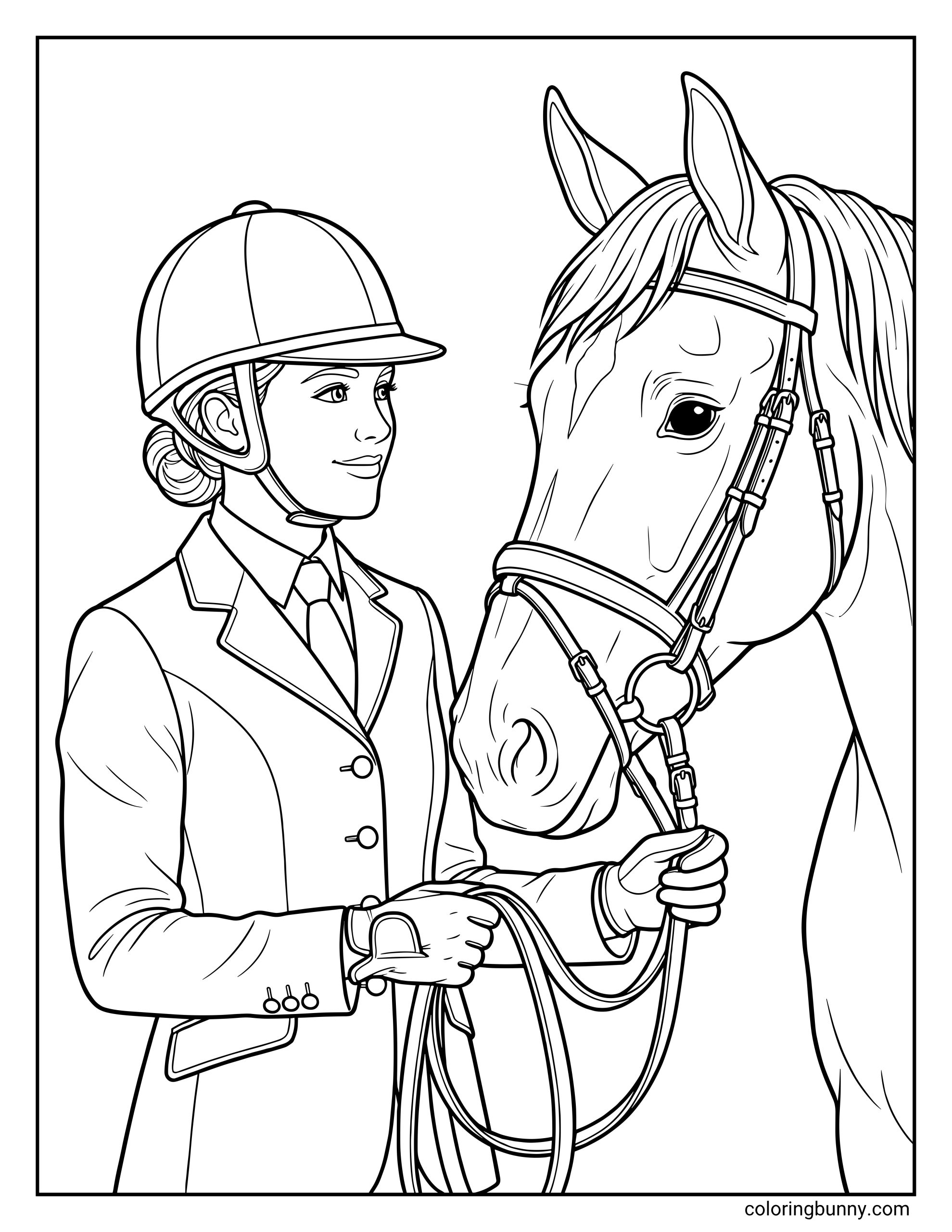 Realistic horse coloring page of an equestrian rider standing with her horse, showing a close-up view of the horse’s bridle, reins, riding helmet, jacket, and calm expressions.