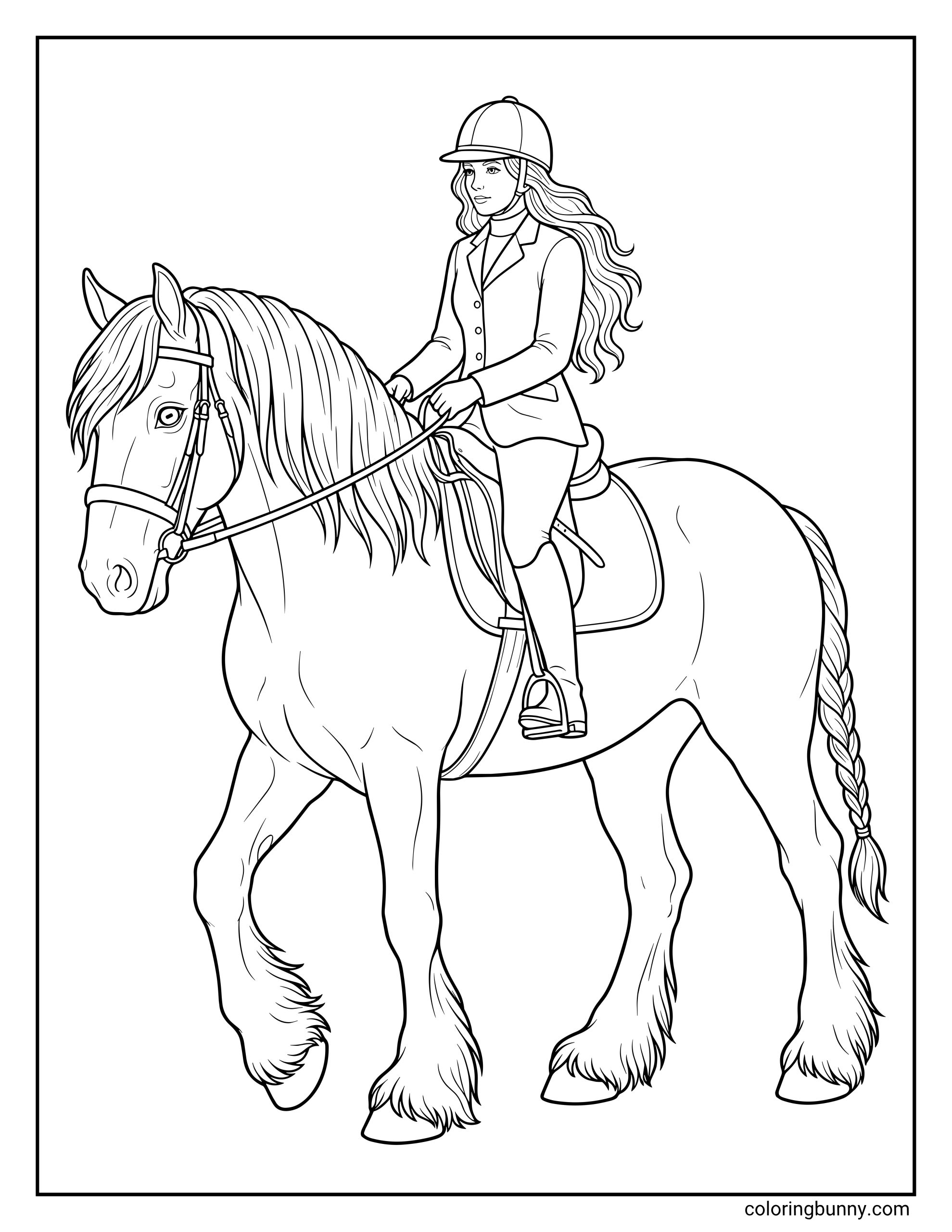Realistic horse and rider coloring page showing a long-haired girl in riding boots and breeches atop a draft horse with a neatly braided tail.