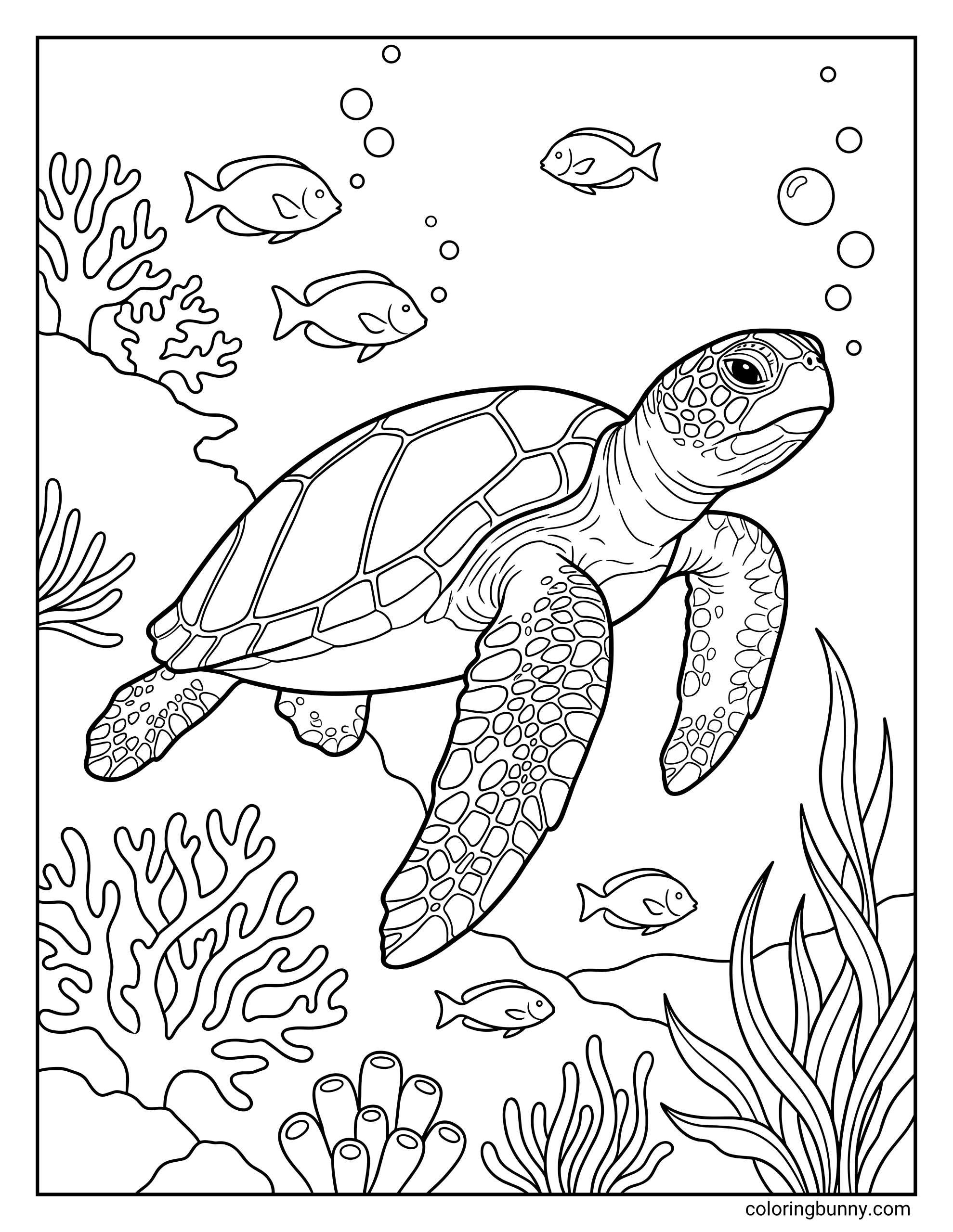 A coloring page of a realistic turtle swimming underwater while gliding past a detailed coral reef. The scene features several small fish, rising bubbles, and a variety of aquatic plants like seaweed and sea sponges.