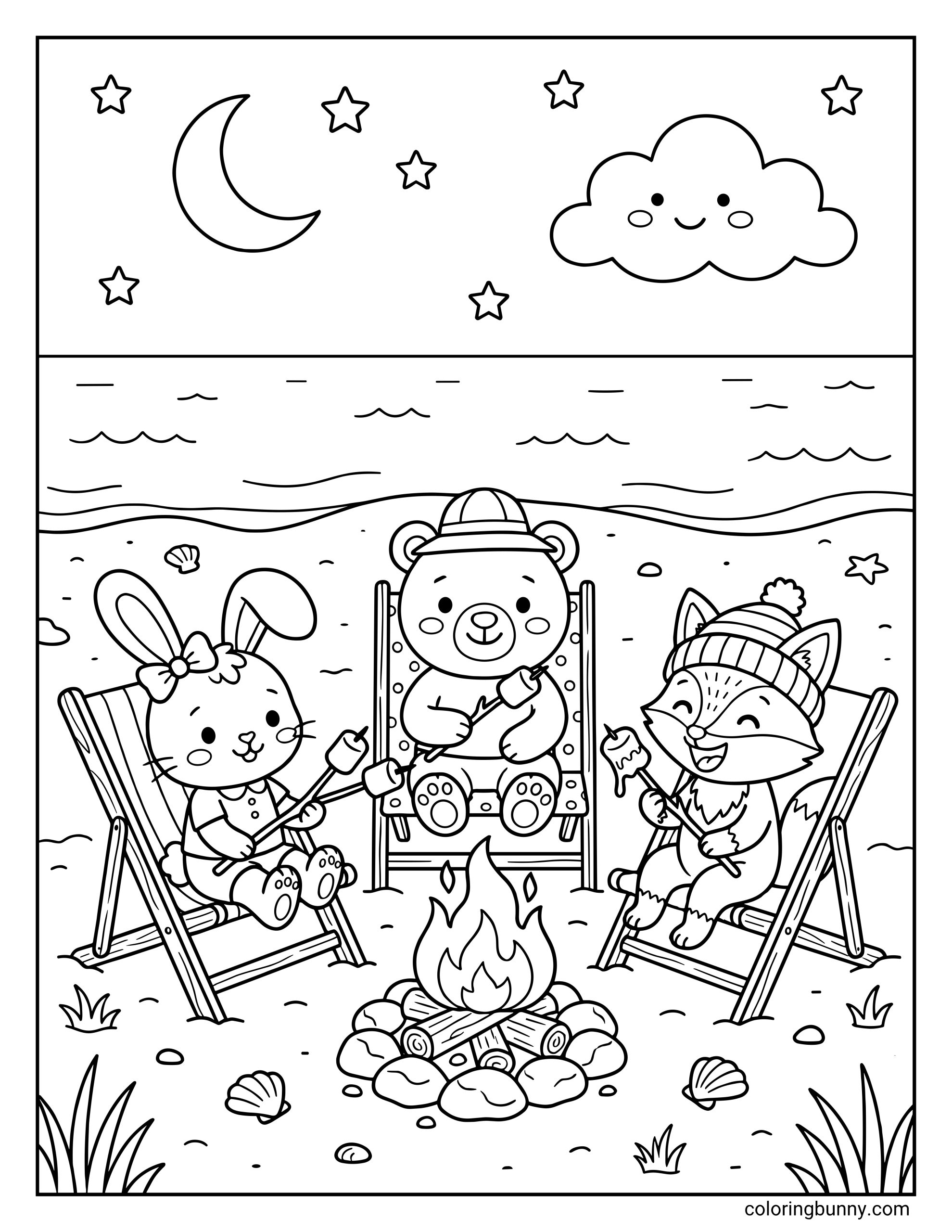Beach campfire coloring page featuring three cute animal friends sitting in folding chairs on the sand while roasting marshmallows over a fire. A bunny, a bear, and a fox enjoy a nighttime beach scene with ocean waves, seashells, stars, a crescent moon, and a smiling cloud overhead.