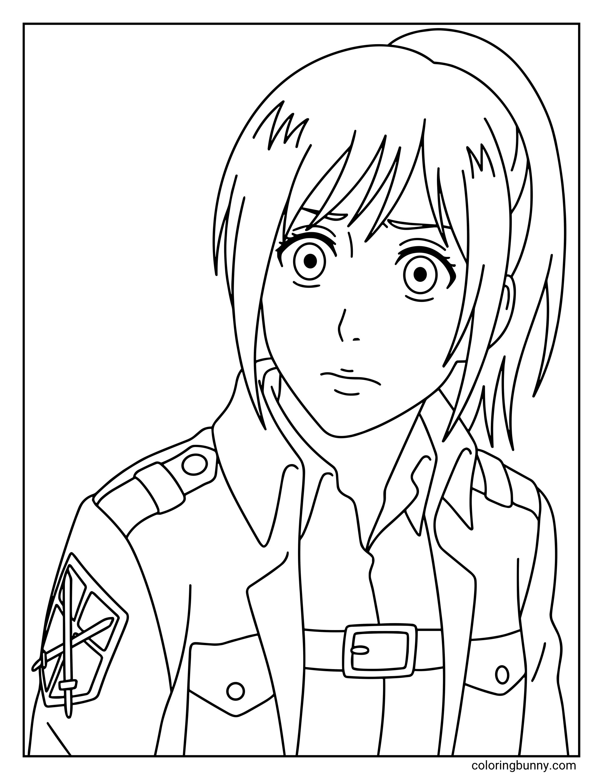 A coloring page of Sasha Blouse from the Attack on Titan anime, featuring a detailed portrait of her in a high-collared military uniform.
