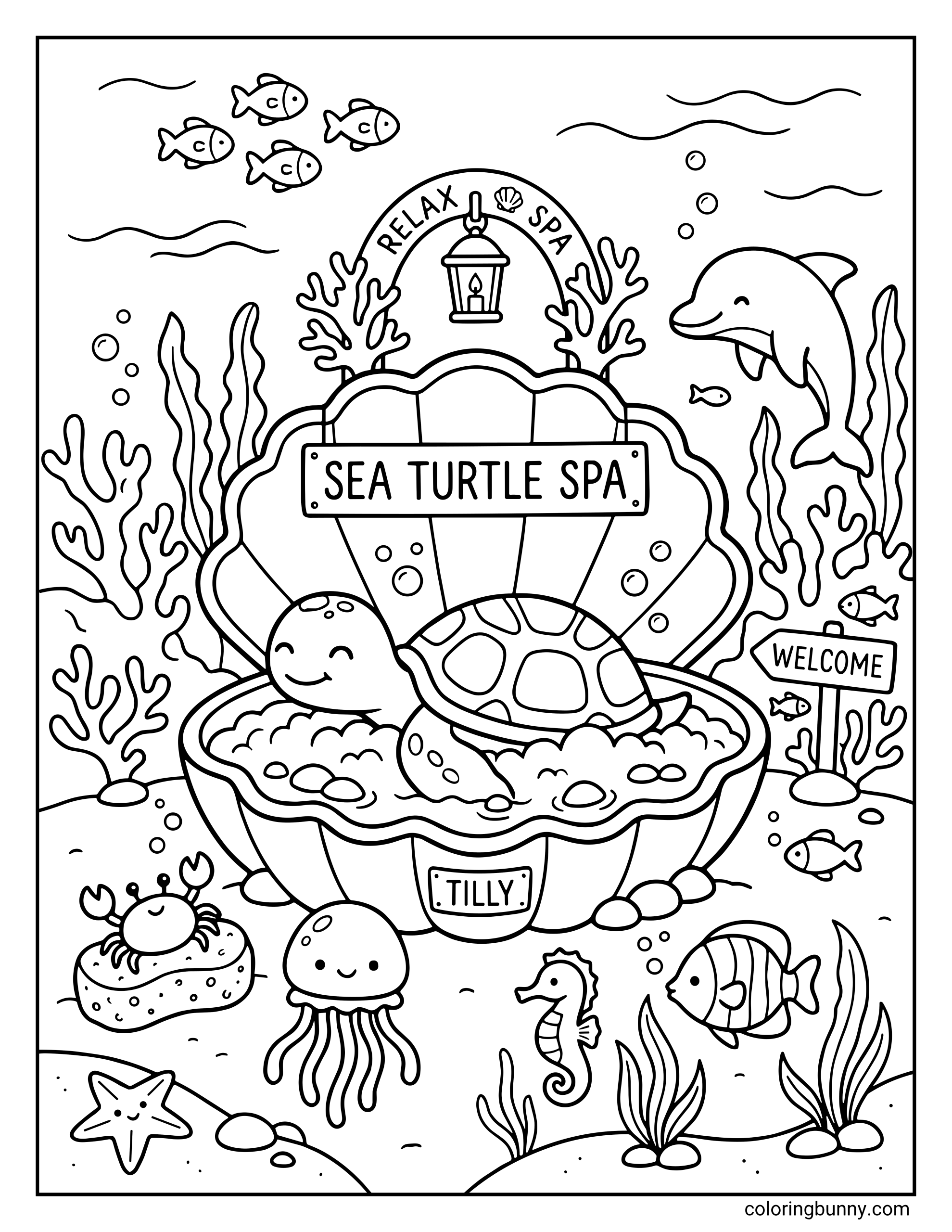 A fun coloring page of a turtle relaxing in a giant clamshell bathtub at the "Sea Turtle Spa." The detailed scene features a dolphin, a jellyfish, a seahorse, and a crab enjoying a serene ocean reef.