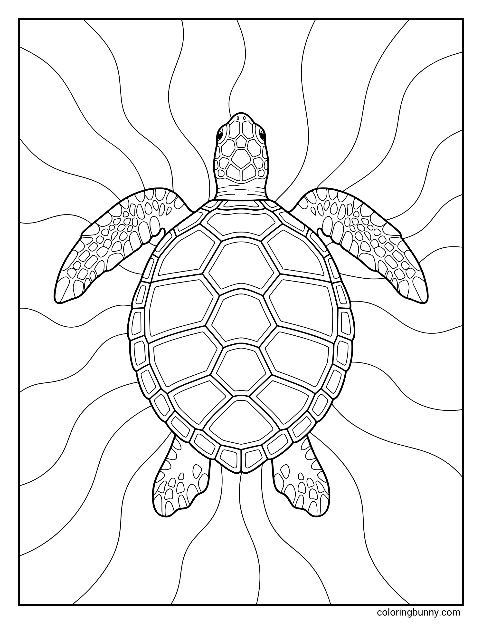 A cute coloring page of a realistic turtle swimming underwater while gliding through a backdrop of wavy, radiating lines. The design features a detailed overhead view of the sea turtle, highlighting the intricate geometric patterns on its shell and flippers.