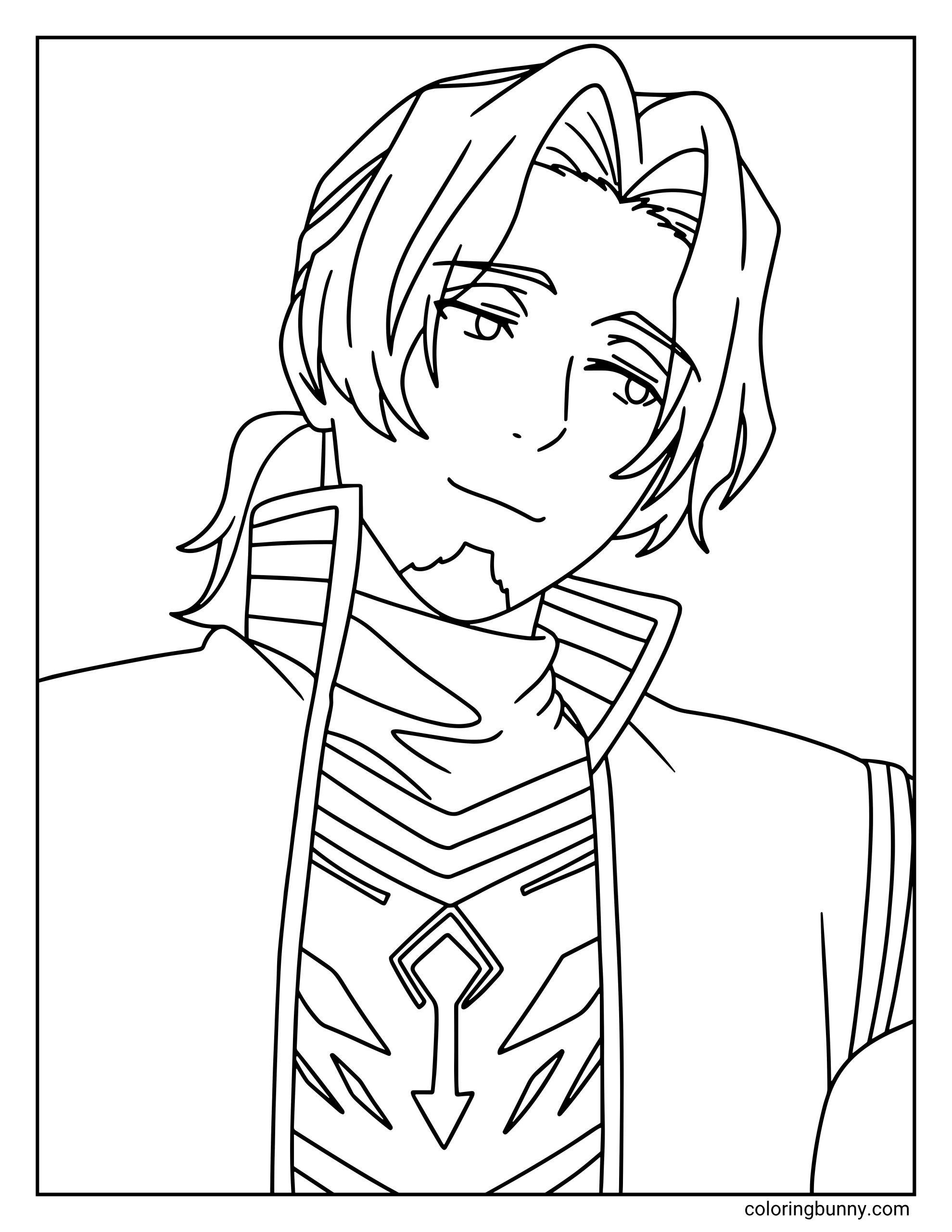 A coloring page of Sein from Frieren: Beyond Journey's End displaying the talented priest with his wavy hair and small soul patch beard. The page captures his relaxed expression and the intricate patterns of his clerical vestments, framed by his distinctively high, striped collar.
