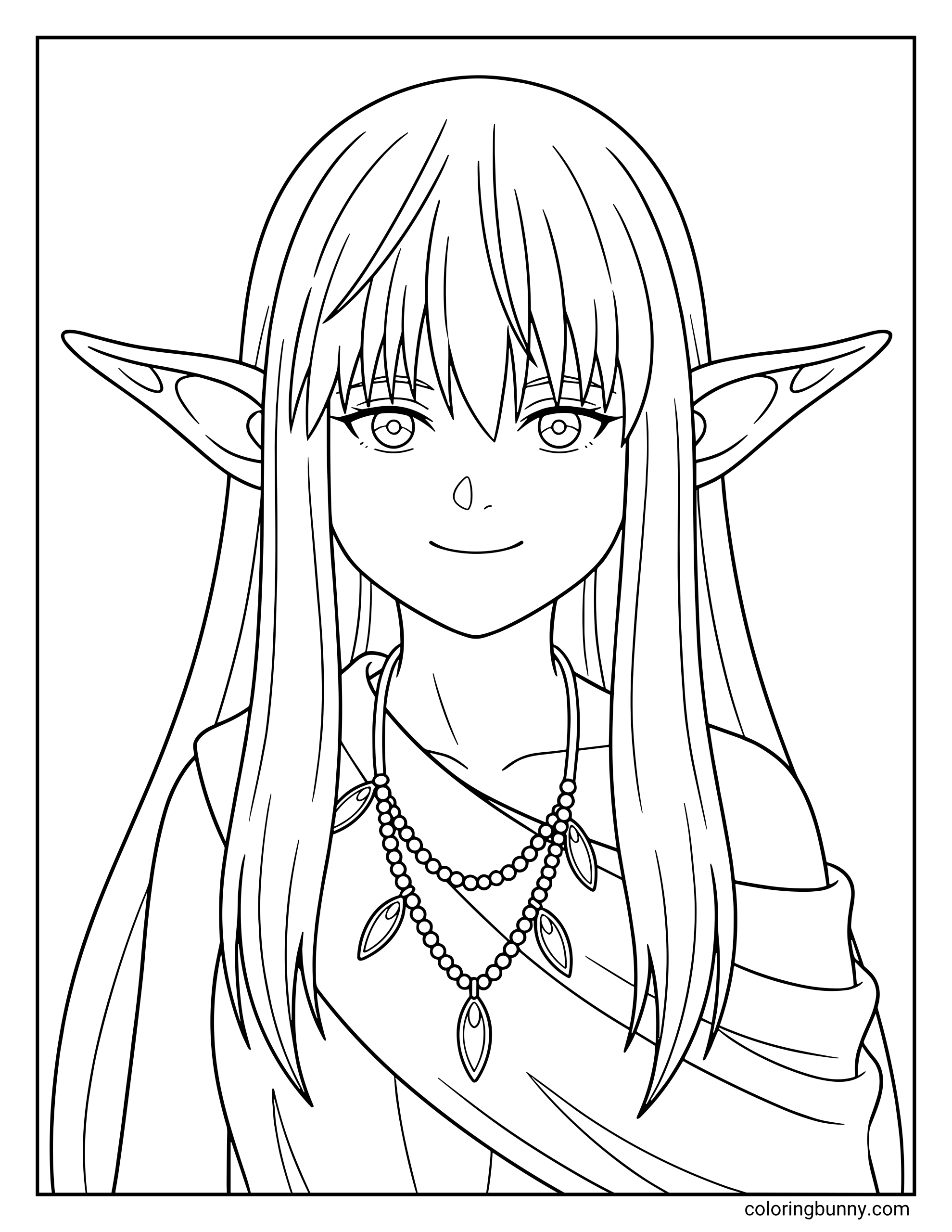 A coloring page of Serie from Frieren: Beyond Journey's End showcasing the ancient elf mage with her long, straight hair and pointed ears. The design highlights her elaborate beaded necklace and draped robes.