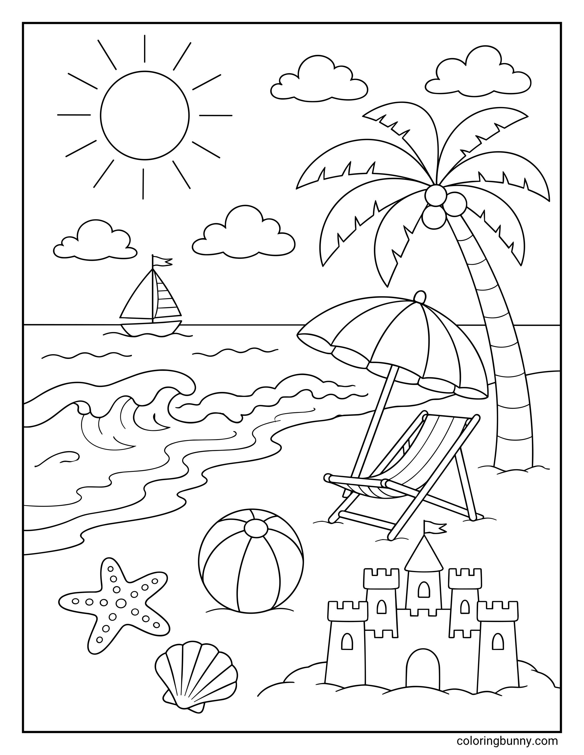 A beach coloring page showing a cheerful seaside scene with a bright sun, fluffy clouds, rolling waves, and a small sailboat on the ocean. On the sandy beach are a tall palm tree, a beach umbrella, and a folding chair facing the water. A beach ball, starfish, seashell, and a big sandcastle fill the foreground