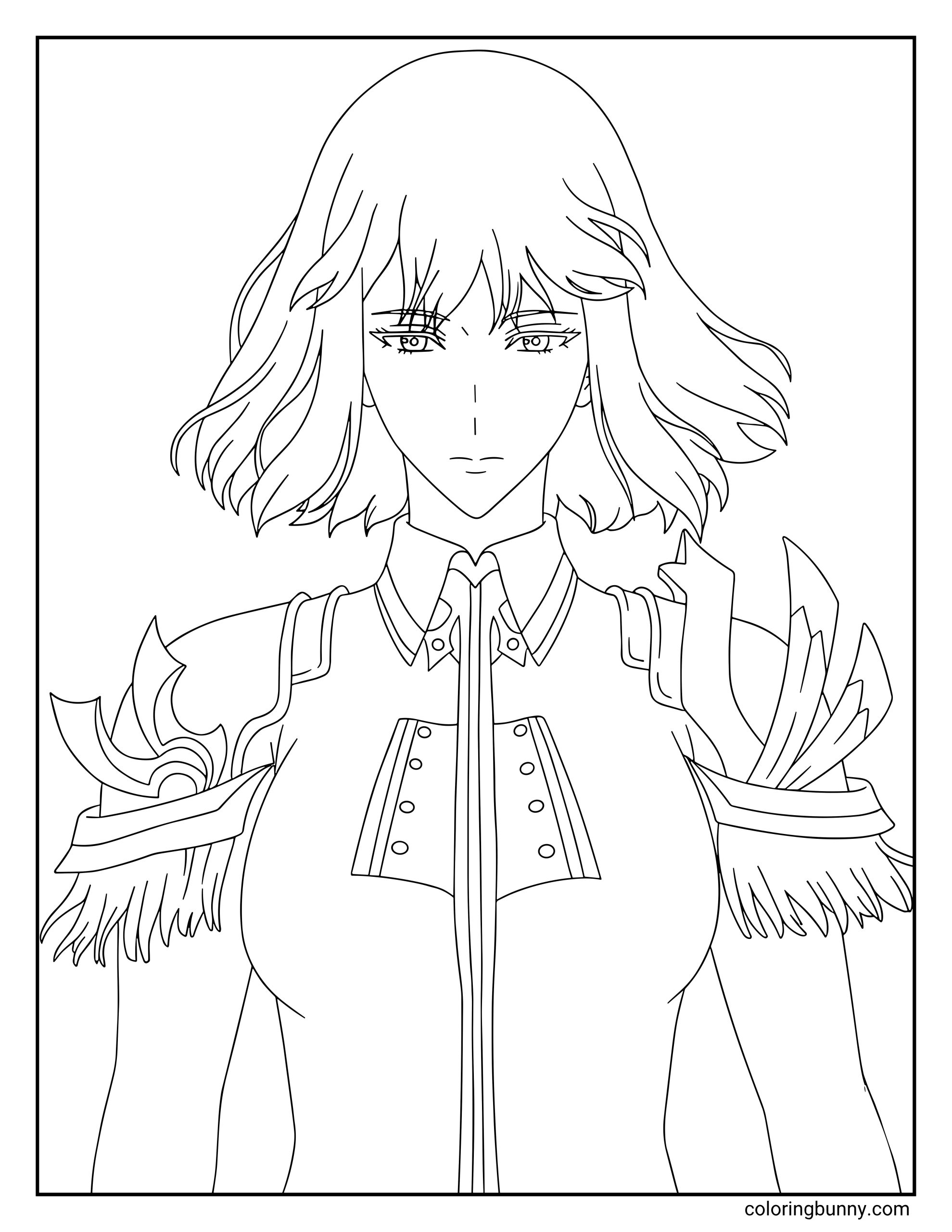 A simple coloring page of Cha Hae-In from Solo Leveling, featuring the S-Rank hunter in her professional raid outfit with distinct shoulder guards.