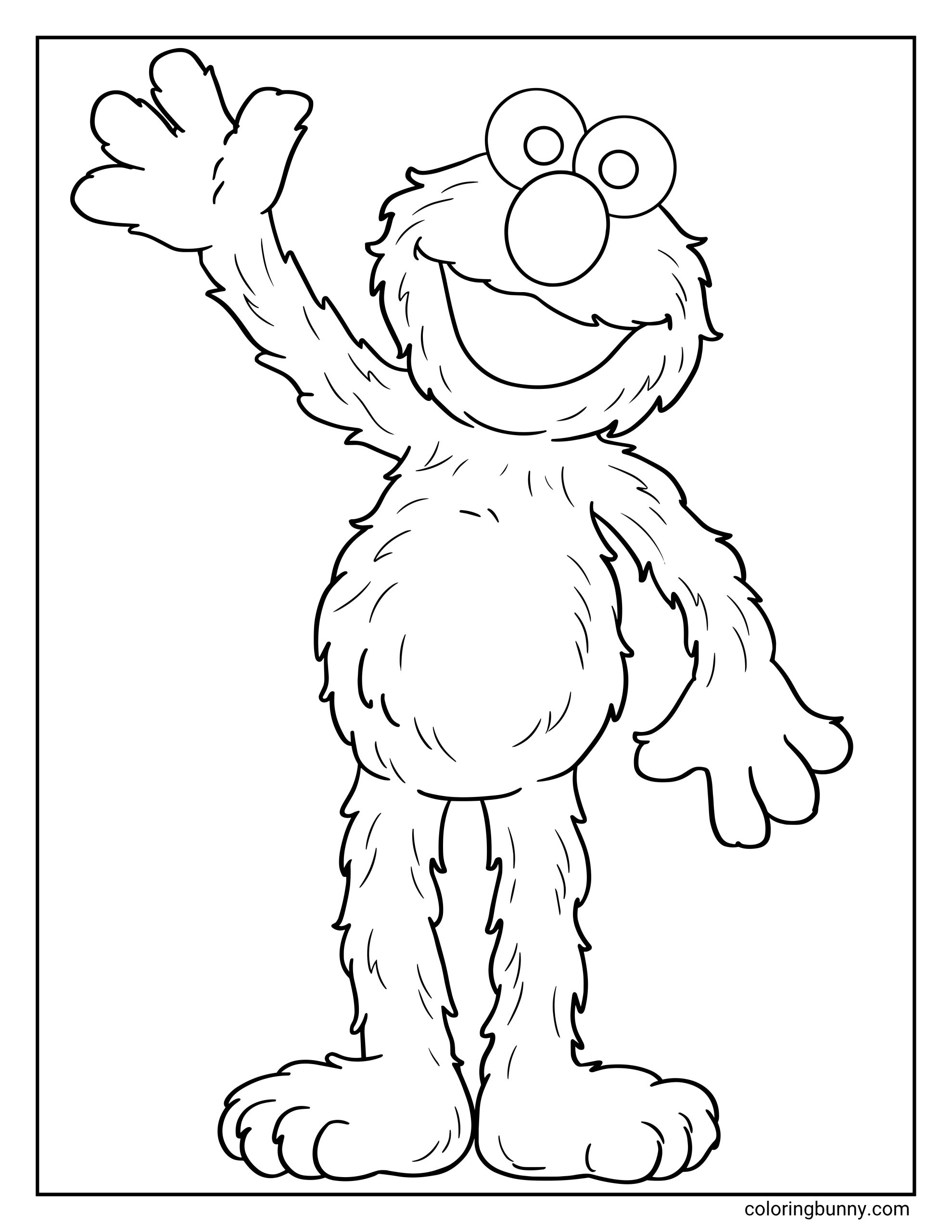 Elmo coloring page showing Elmo standing with one arm raised in a big friendly wave. The simple black-and-white design features his round eyes, oval nose, wide smile, fuzzy body, long arms, and large feet.