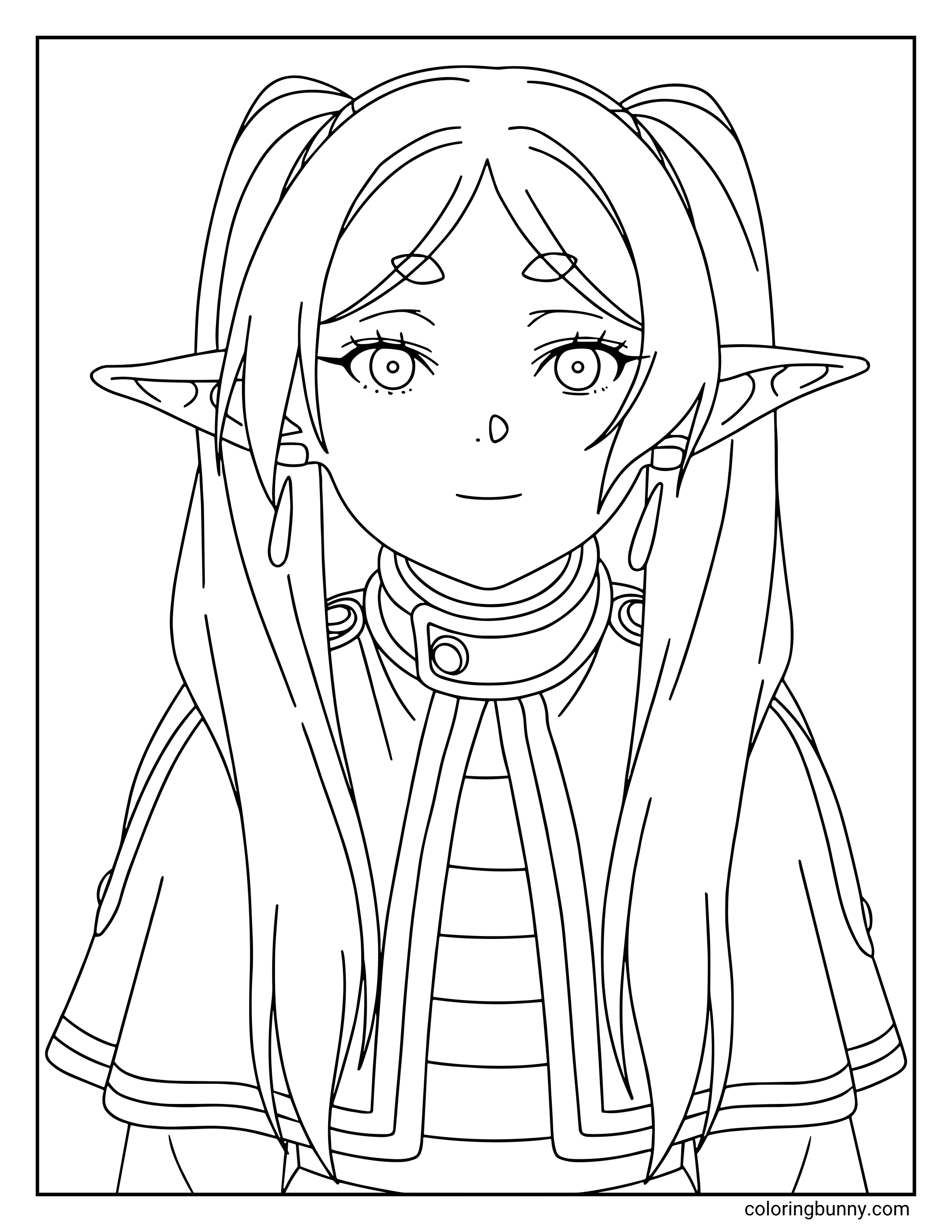 A coloring page of Frieren from Frieren: Beyond Journey's End showing a clear and charming portrait of the elven mage with her iconic twin tails and teardrop earrings.