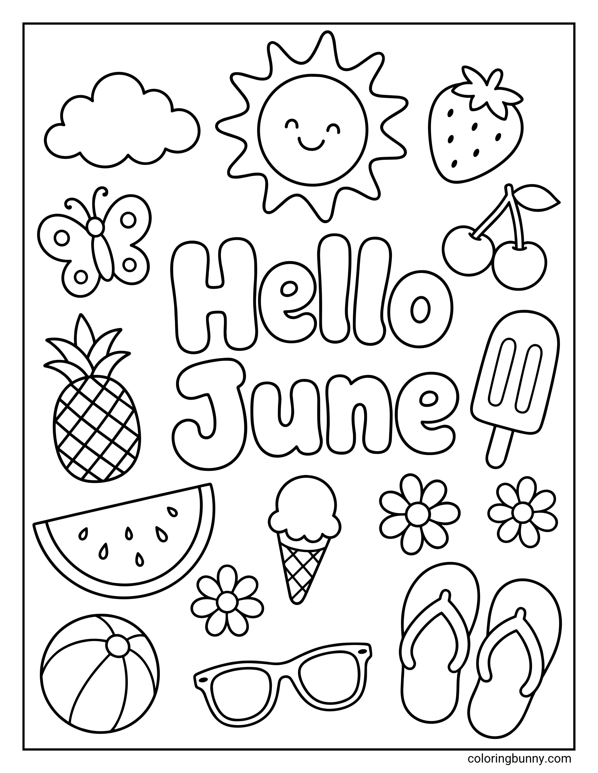 A simple Hello June coloring page with large bubble letters in the center, surrounded by easy summer doodles including a smiling sun, cloud, butterfly, strawberry, cherries, pineapple, popsicle, watermelon slice, ice cream cone, flowers, beach ball, sunglasses, and flip-flops.