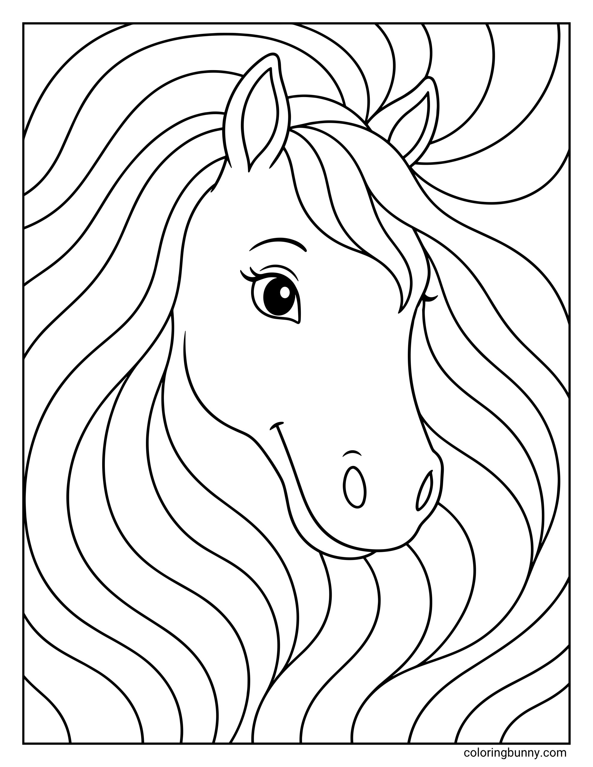 Easy horse coloring page of a simple, cartoon-style horse face surrounded by thick, wavy lines representing a long flowing mane that fills the entire background.