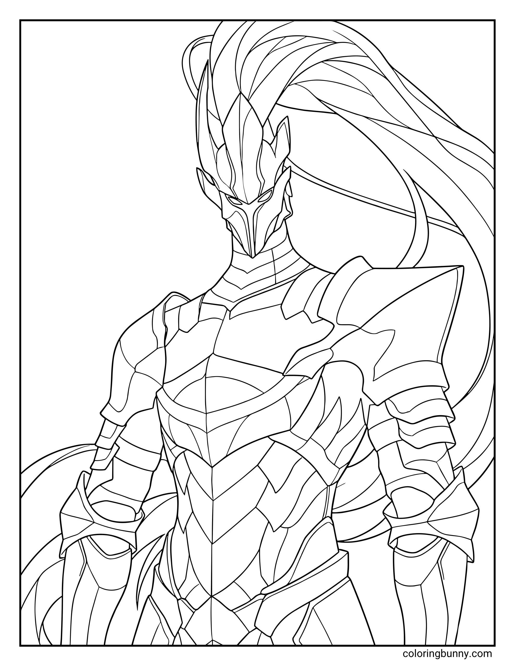 A simple coloring page of Igris the Red-Blood Commander from Solo Leveling, featuring a portrait of the noble knight in his full suit of armor.