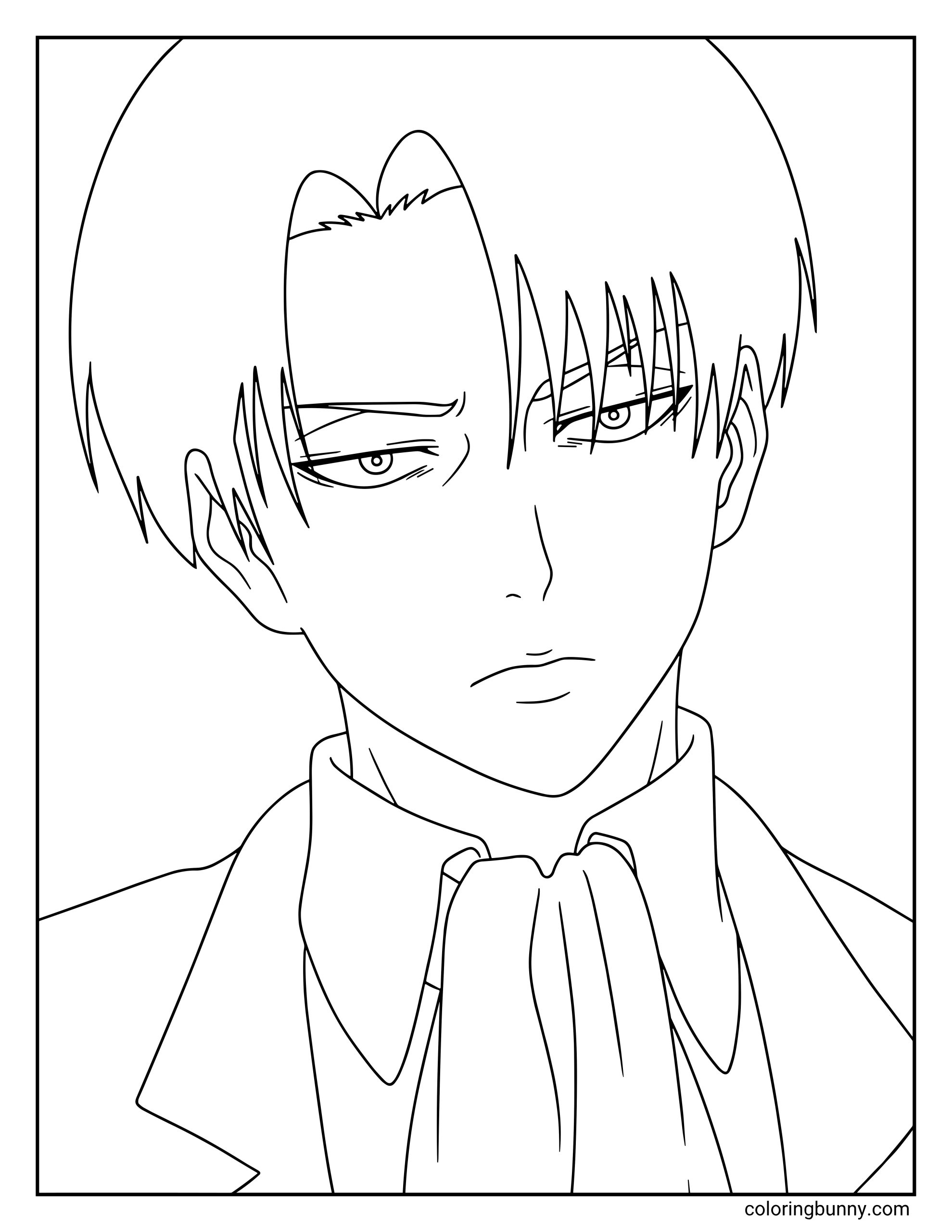 A coloring page of Levi Ackerman from the Attack on Titan anime, featuring a detailed line art portrait of the Survey Corps captain with his signature cravat and undercut hairstyle.
