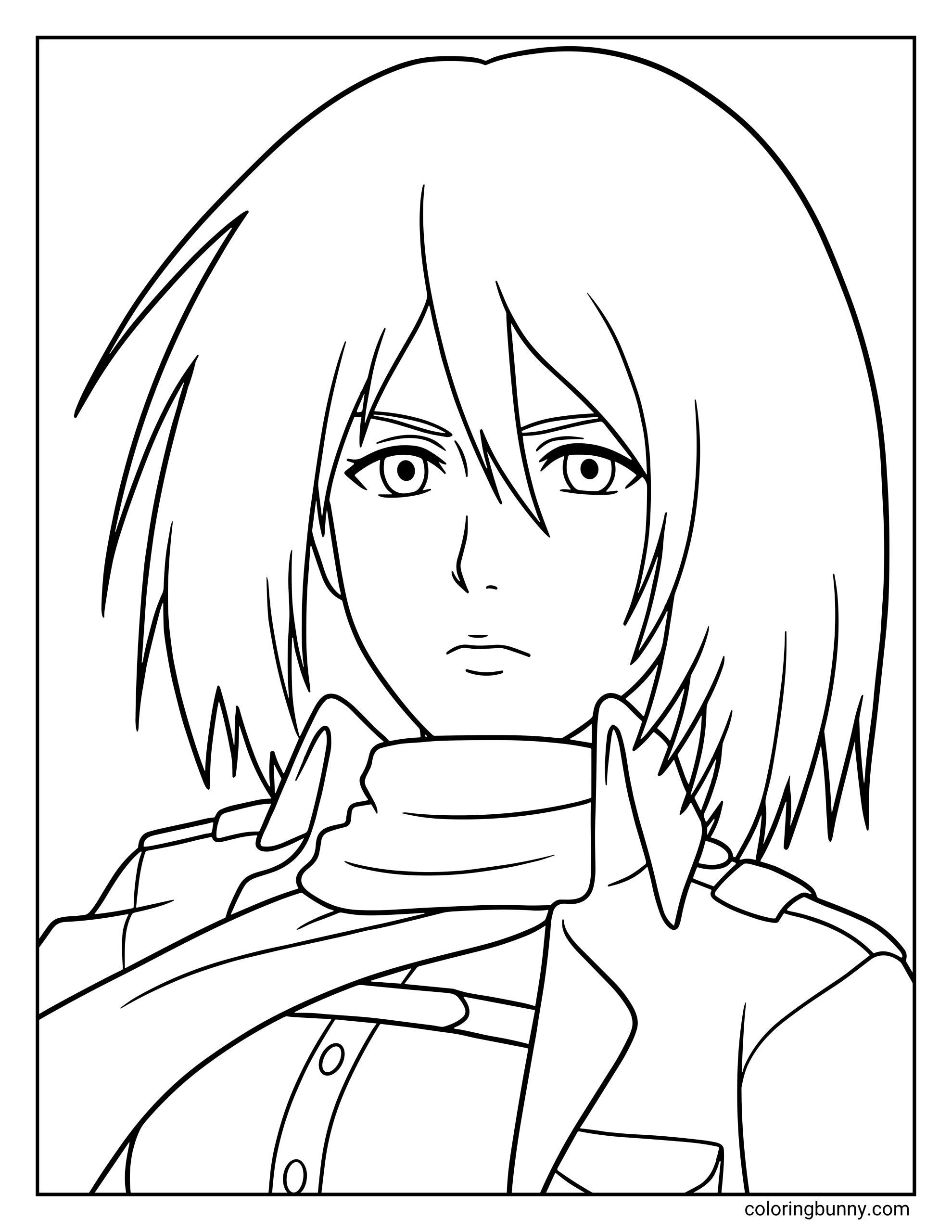 A simple coloring page of Mikasa Ackerman from the Attack on Titan anime, showing her wearing her Survey uniform with a neutral expression.