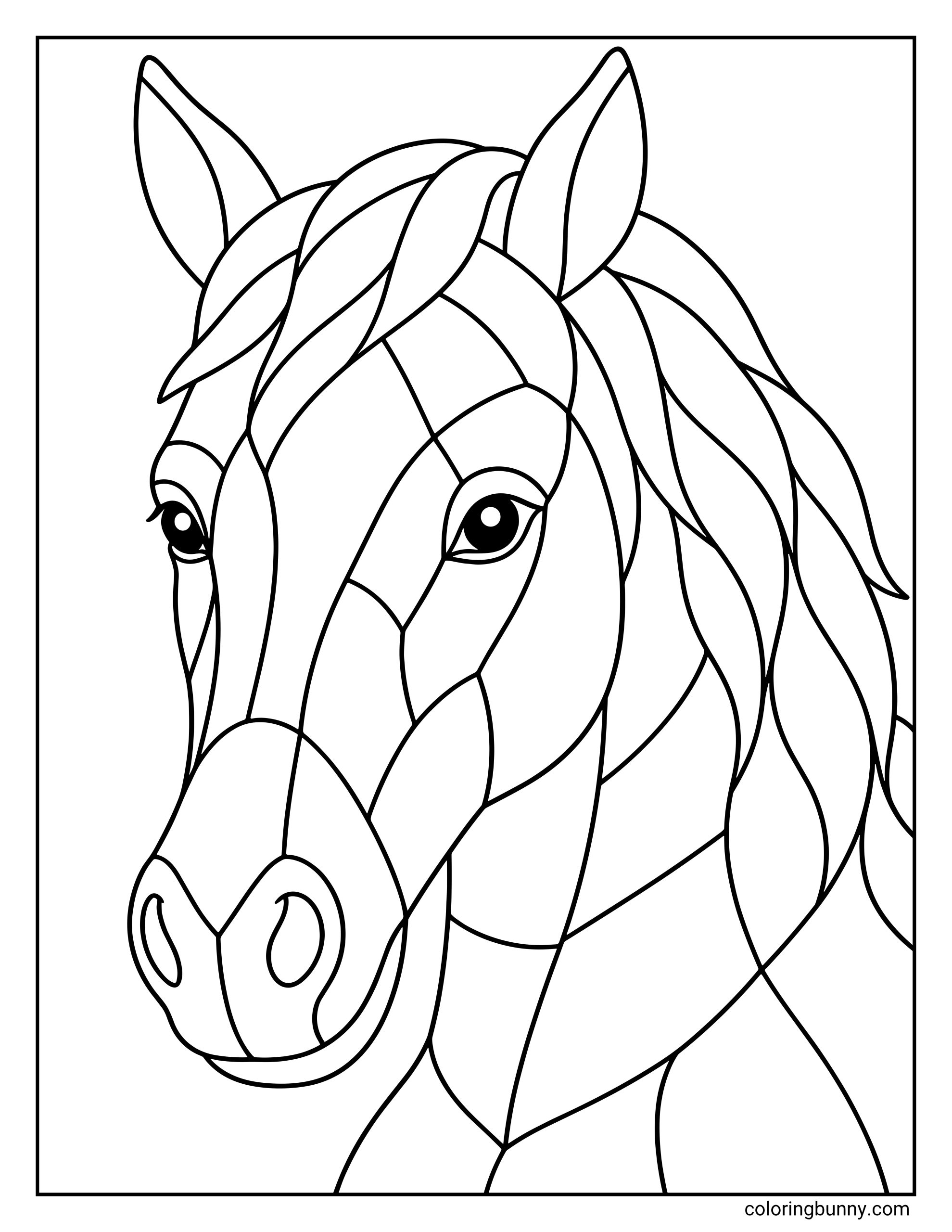 Horse coloring page showing a close-up horse face with a geometric mosaic pattern, large open spaces, simple outlines, detailed eyes, and a patterned mane.